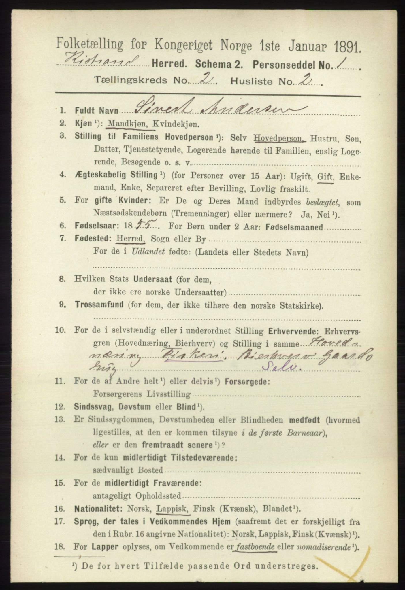 RA, 1891 census for 2020 Kistrand, 1891, p. 609