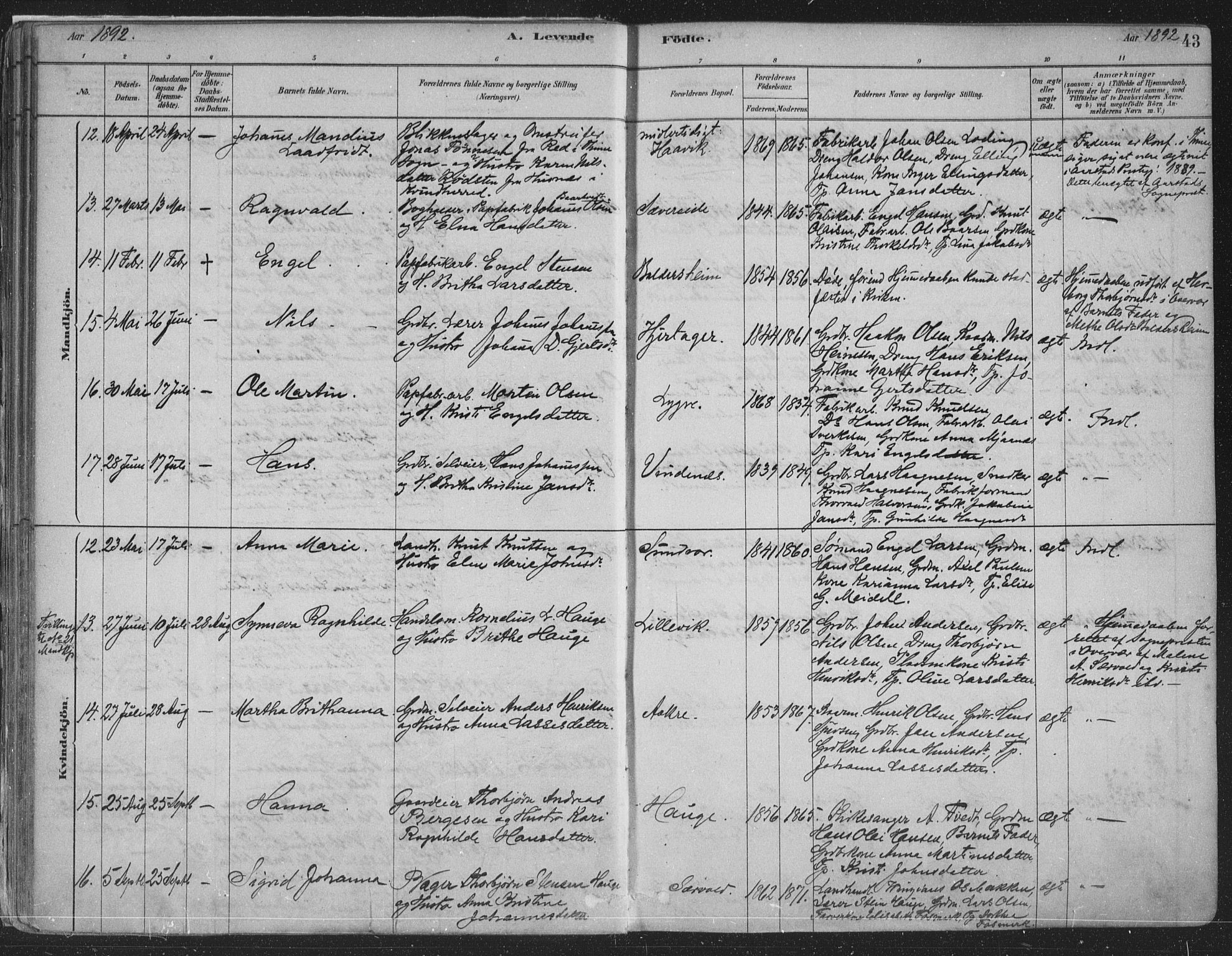 Fusa sokneprestembete, SAB/A-75401/H/Haa: Parish register (official) no. D 1, 1880-1938, p. 43