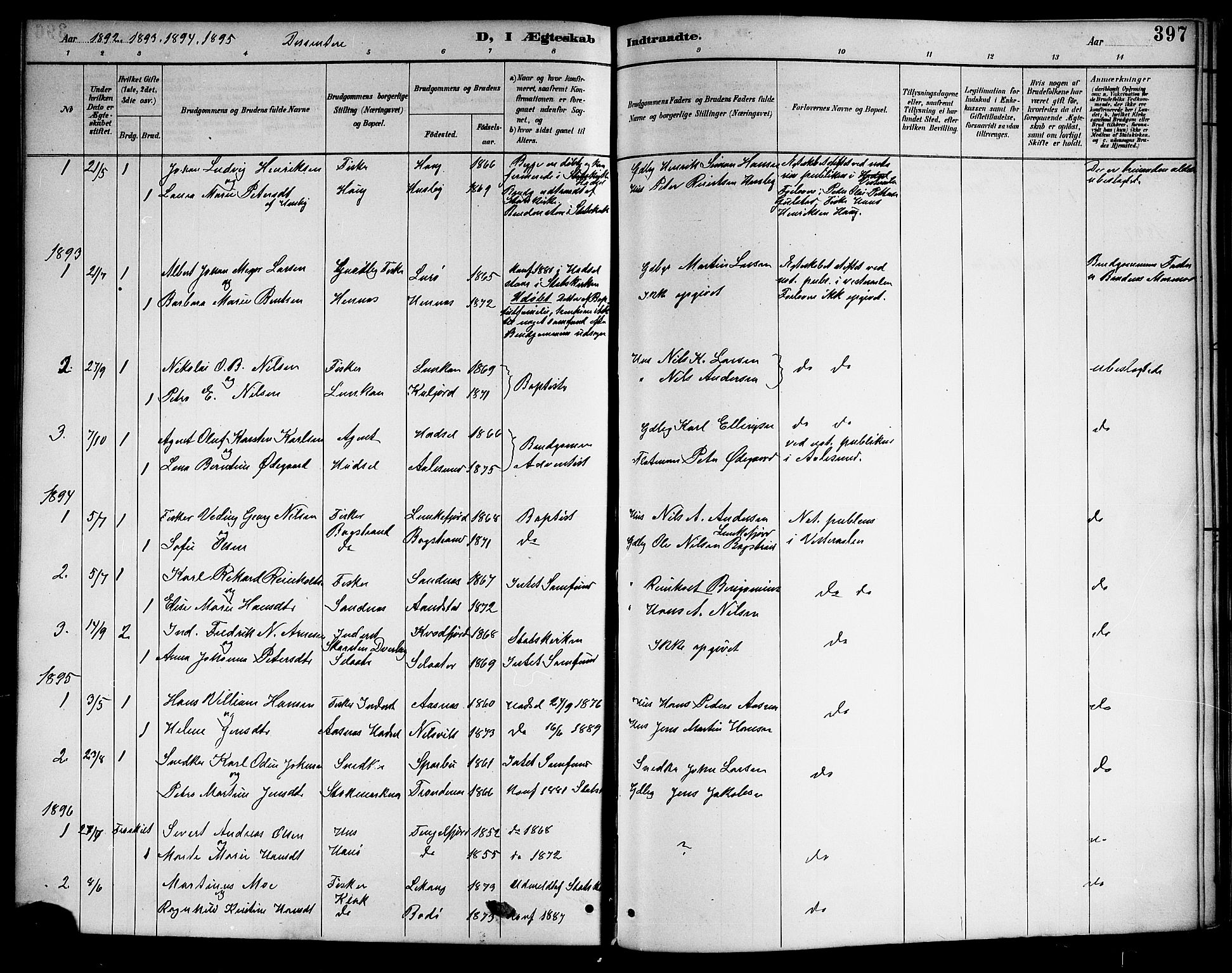 Ministerialprotokoller, klokkerbøker og fødselsregistre - Nordland, SAT/A-1459/888/L1268: Parish register (copy) no. 888C06, 1891-1908, p. 397