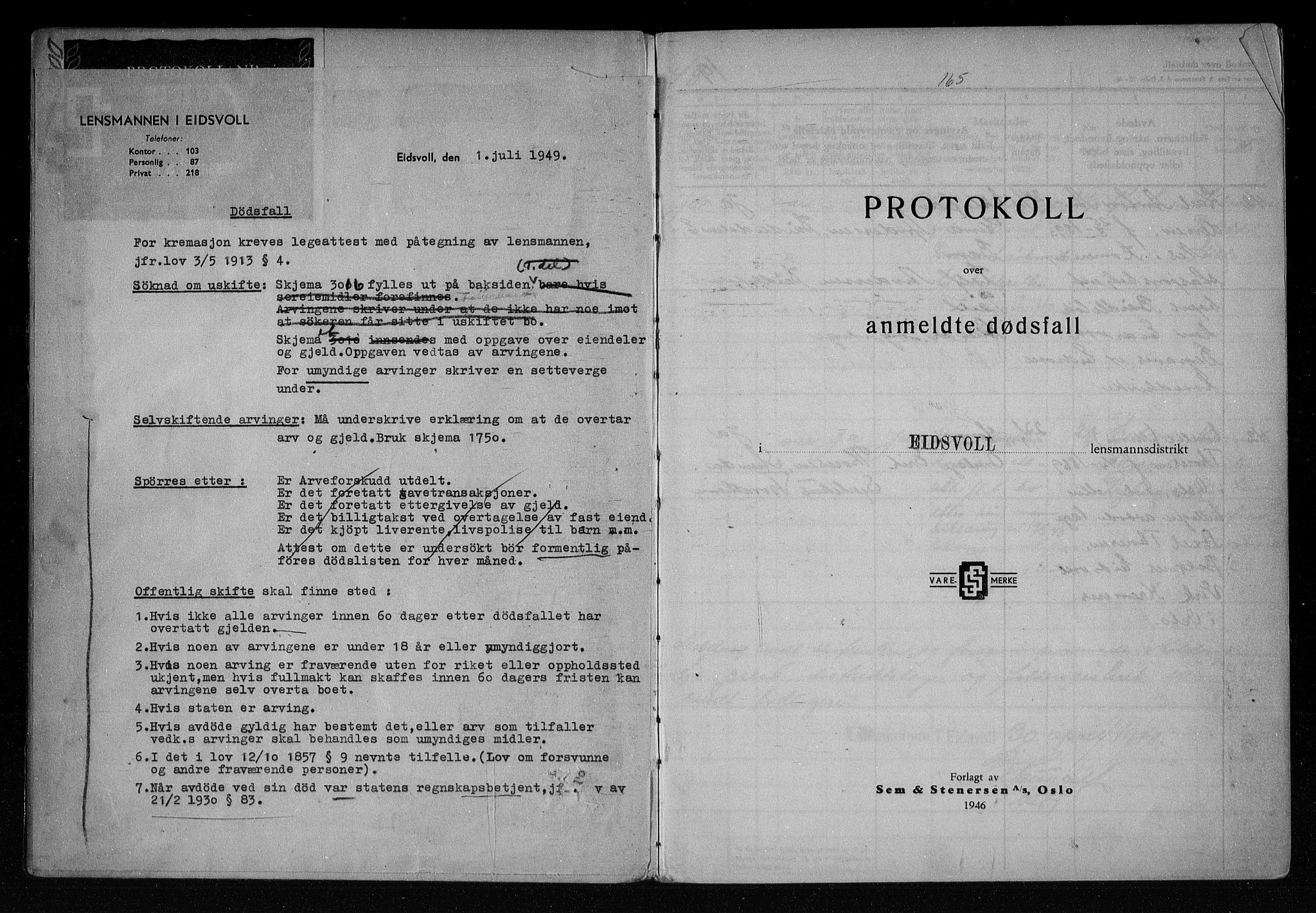 Eidsvoll lensmannskontor, SAO/A-10266a/H/Ha/Haa/L0011: Dødsfallprotokoll, 1948-1950