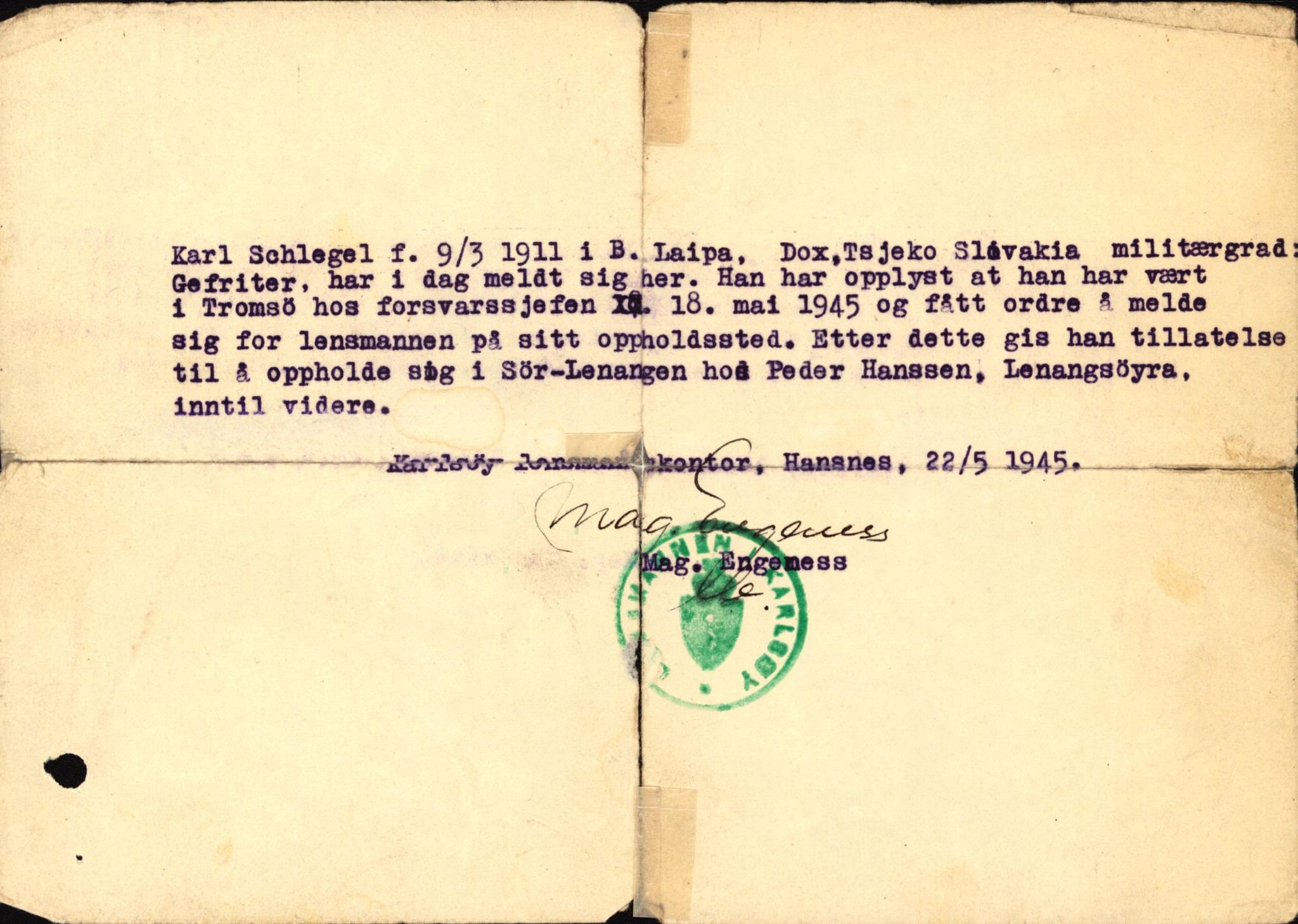 Forsvaret, Forsvarets overkommando II, AV/RA-RAFA-3915/D/Db/L0029: CI Questionaires. Tyske okkupasjonsstyrker i Norge. Tyskere., 1945-1946, p. 251