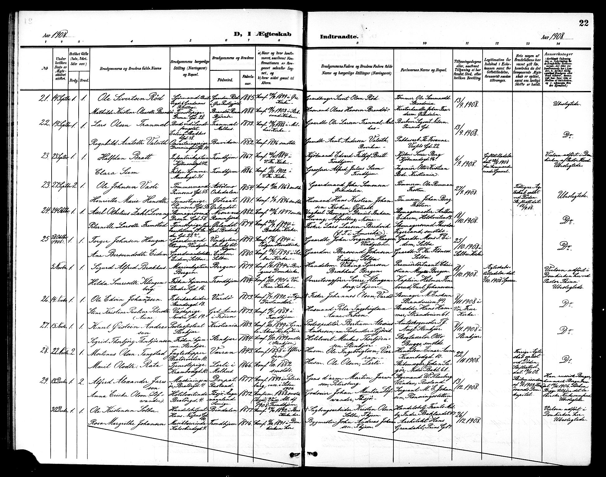 Ministerialprotokoller, klokkerbøker og fødselsregistre - Sør-Trøndelag, AV/SAT-A-1456/602/L0145: Parish register (copy) no. 602C13, 1902-1919, p. 22