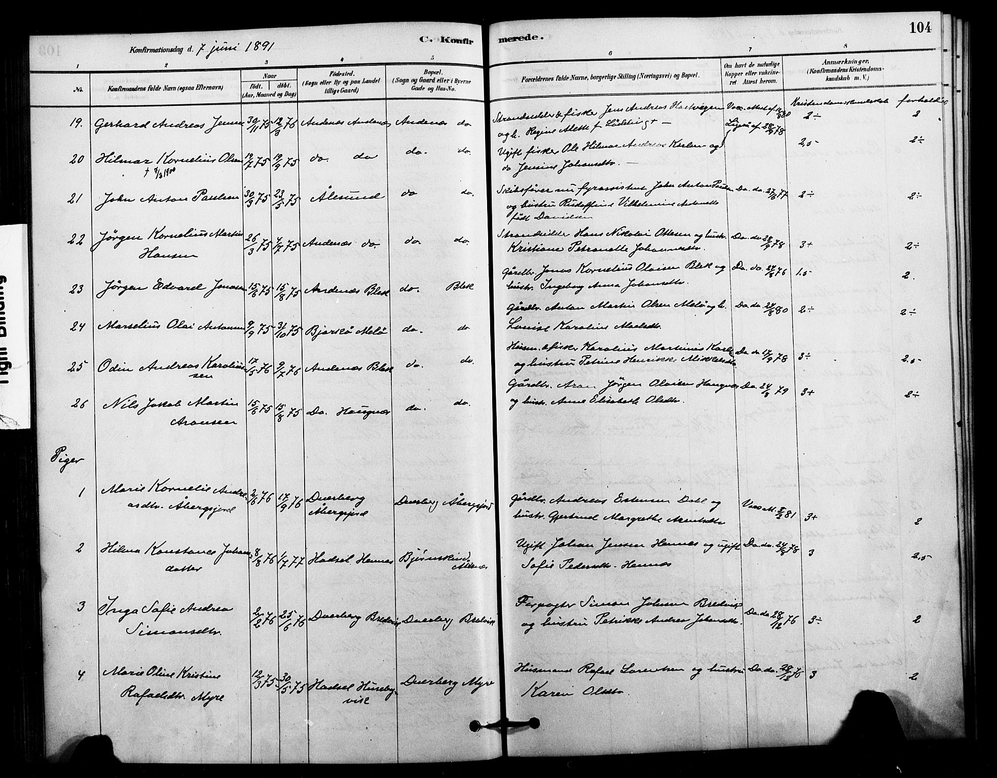 Ministerialprotokoller, klokkerbøker og fødselsregistre - Nordland, AV/SAT-A-1459/897/L1399: Parish register (official) no. 897C06, 1881-1896, p. 104