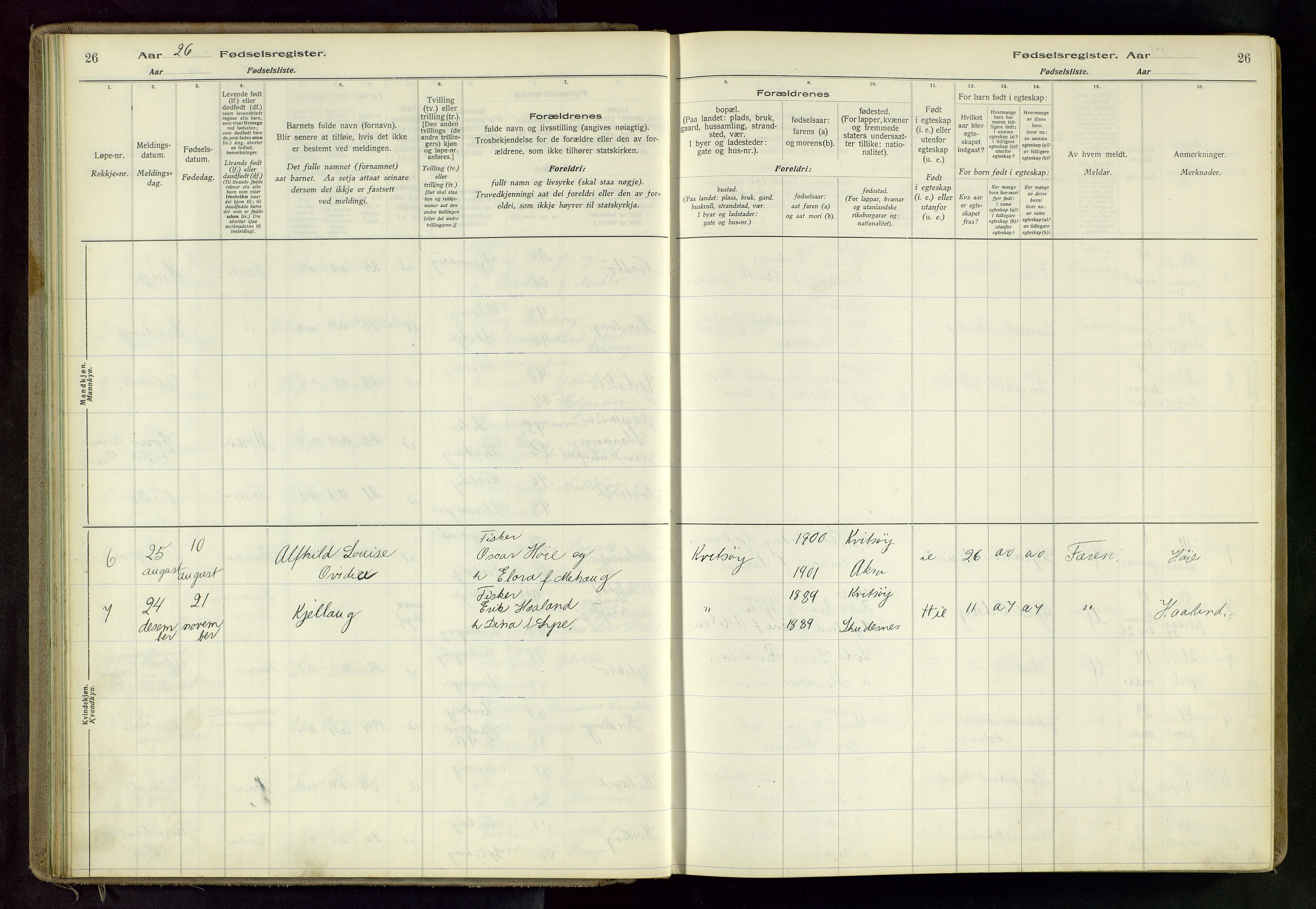 Randaberg sokneprestkontor, SAST/A-101798/001/A/L0004: Birth register no. 4, 1916-1982, p. 26