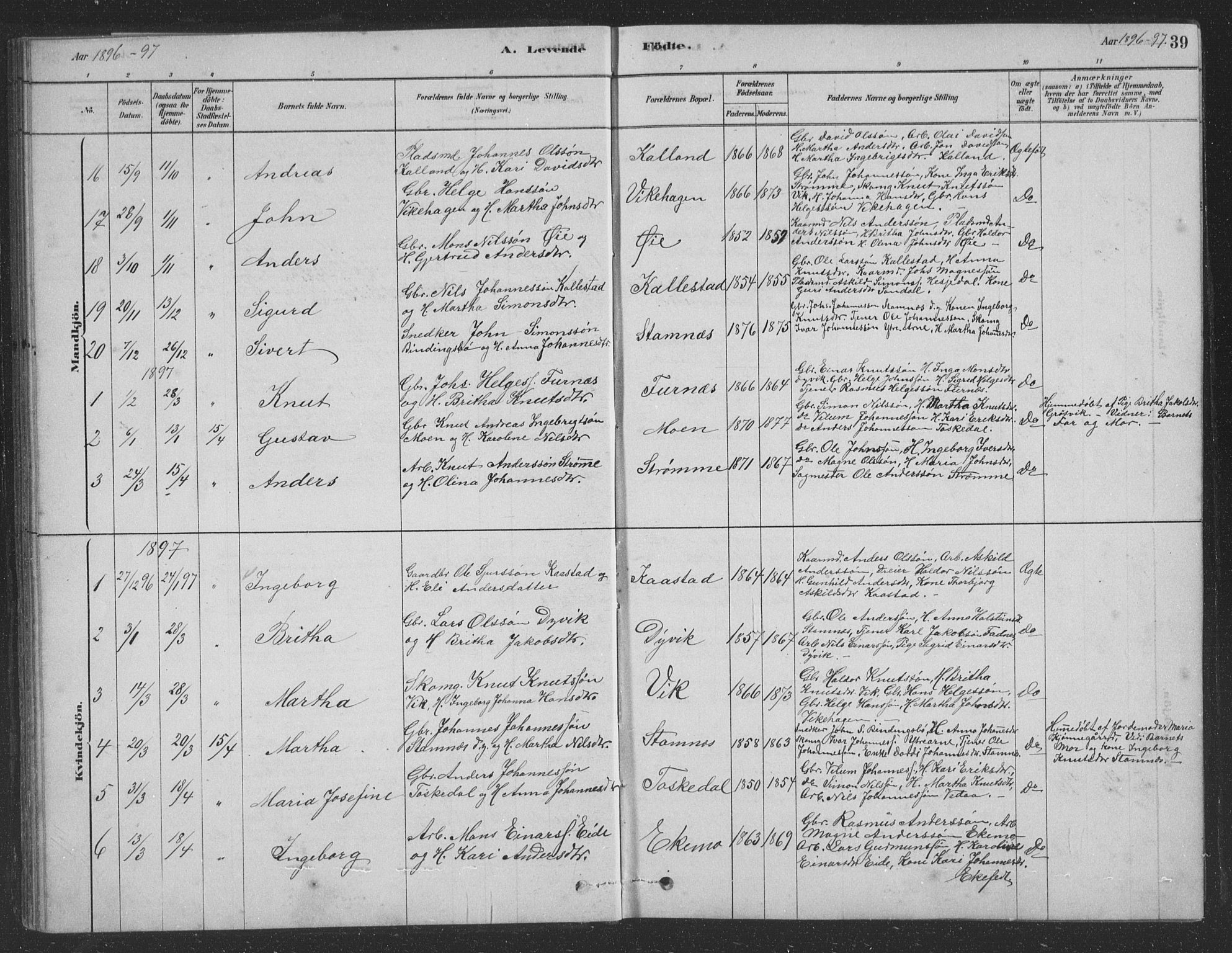 Vaksdal Sokneprestembete, SAB/A-78901/H/Hab: Parish register (copy) no. D 1, 1878-1939, p. 39