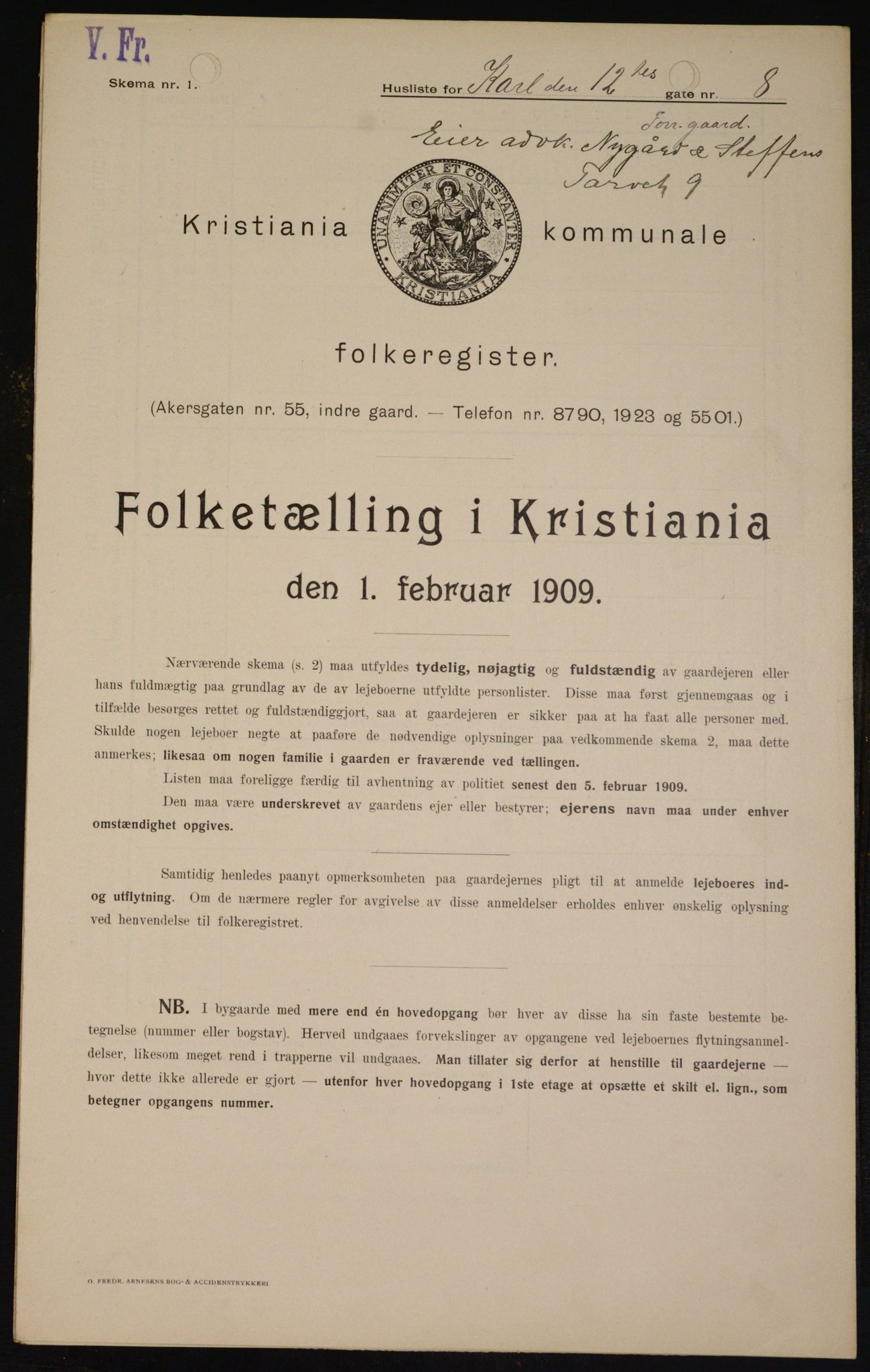 OBA, Municipal Census 1909 for Kristiania, 1909, p. 44122