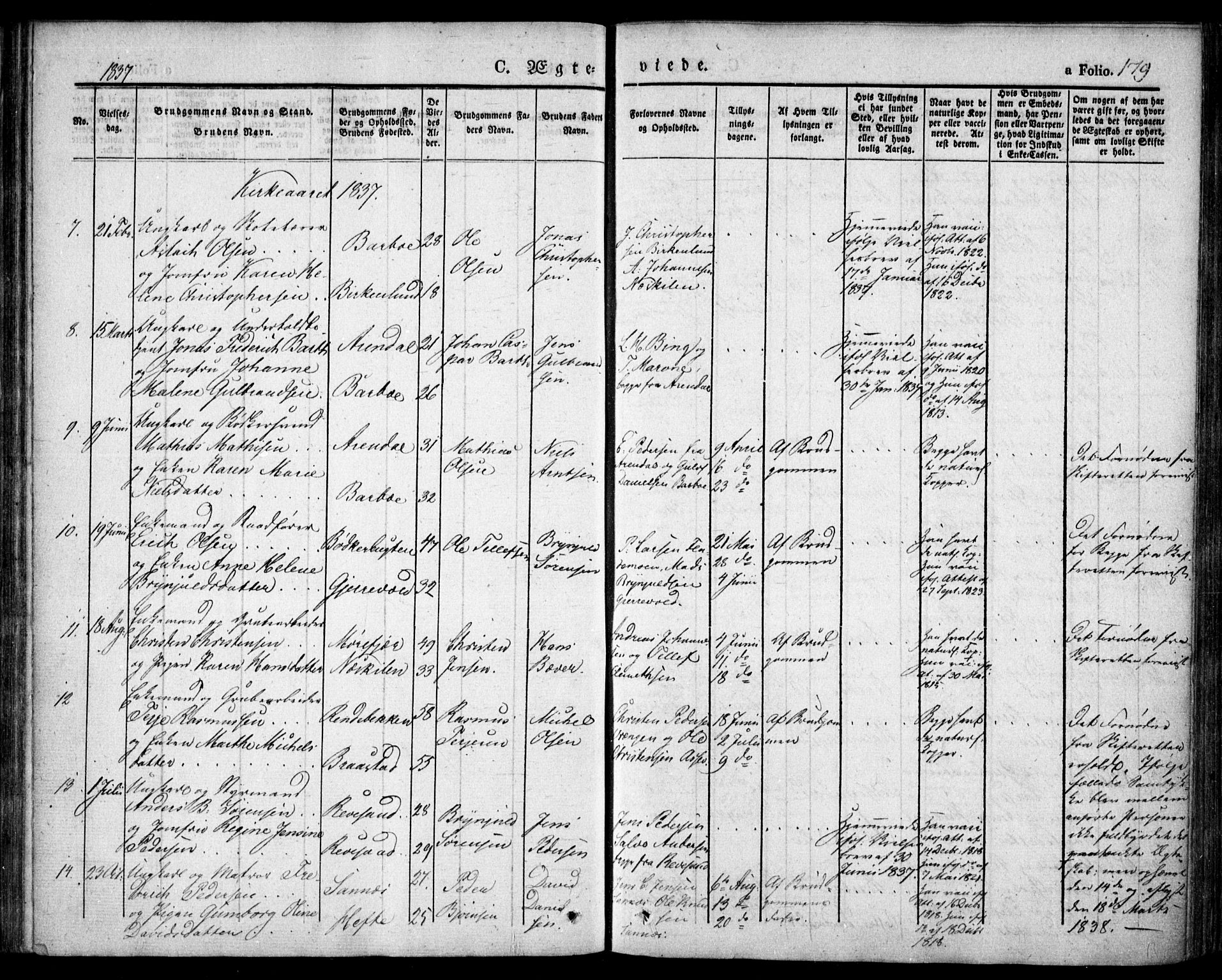 Tromøy sokneprestkontor, AV/SAK-1111-0041/F/Fa/L0004: Parish register (official) no. A 4, 1837-1846, p. 179