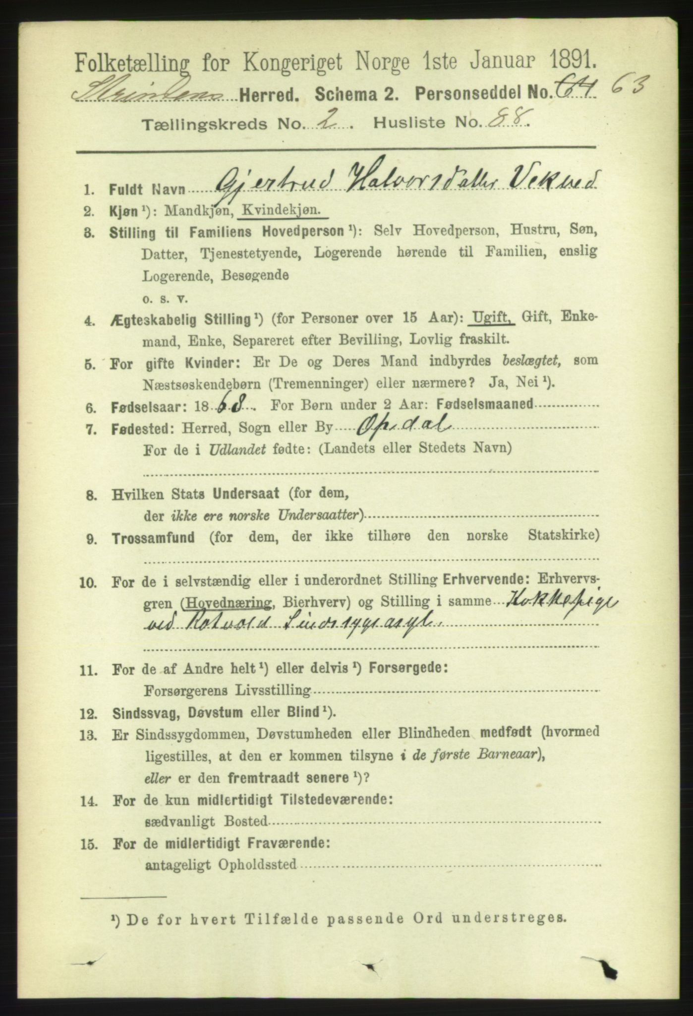 RA, 1891 census for 1660 Strinda, 1891, p. 1586