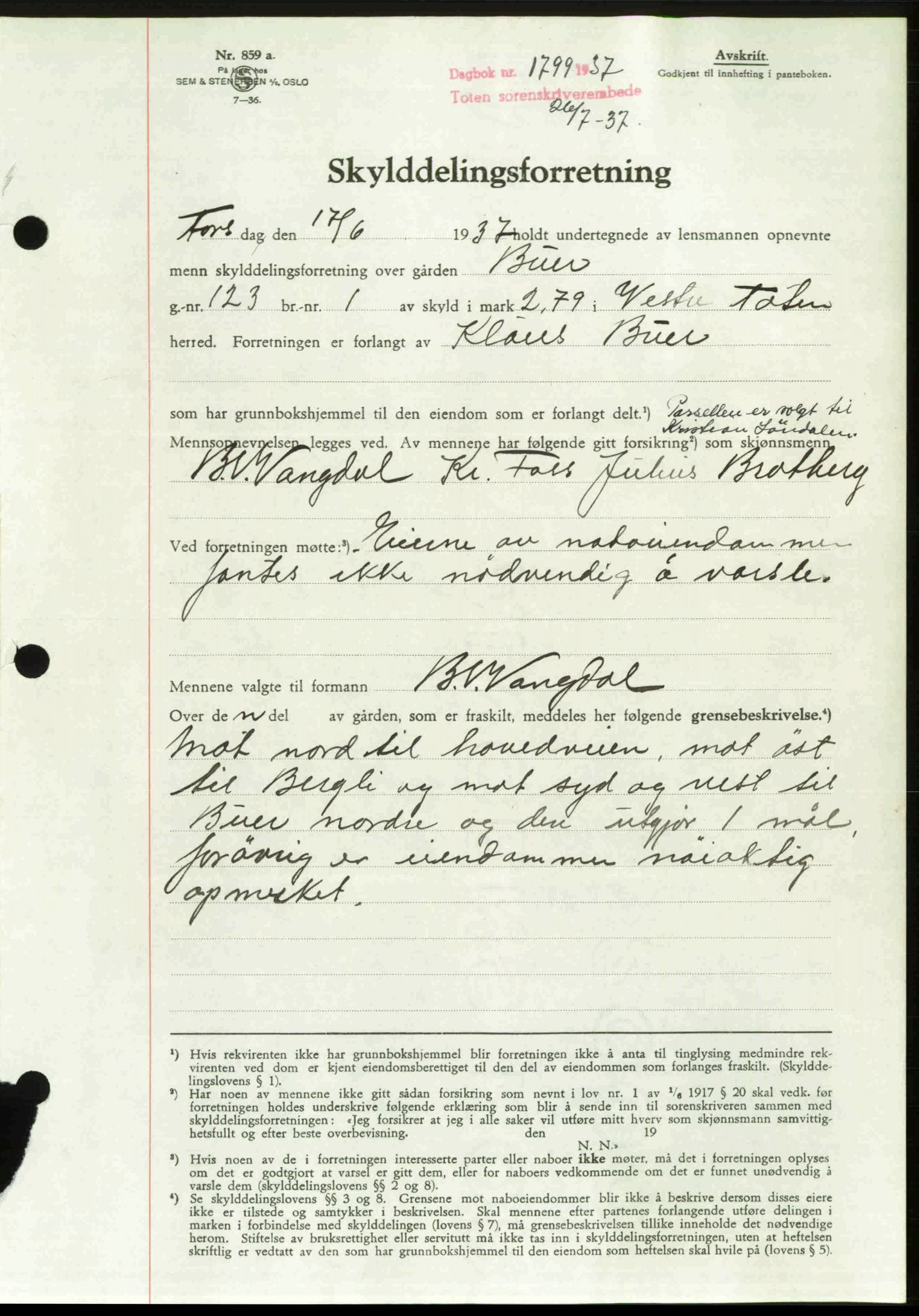 Toten tingrett, SAH/TING-006/H/Hb/Hbc/L0003: Mortgage book no. Hbc-03, 1937-1938, Diary no: : 1799/1937