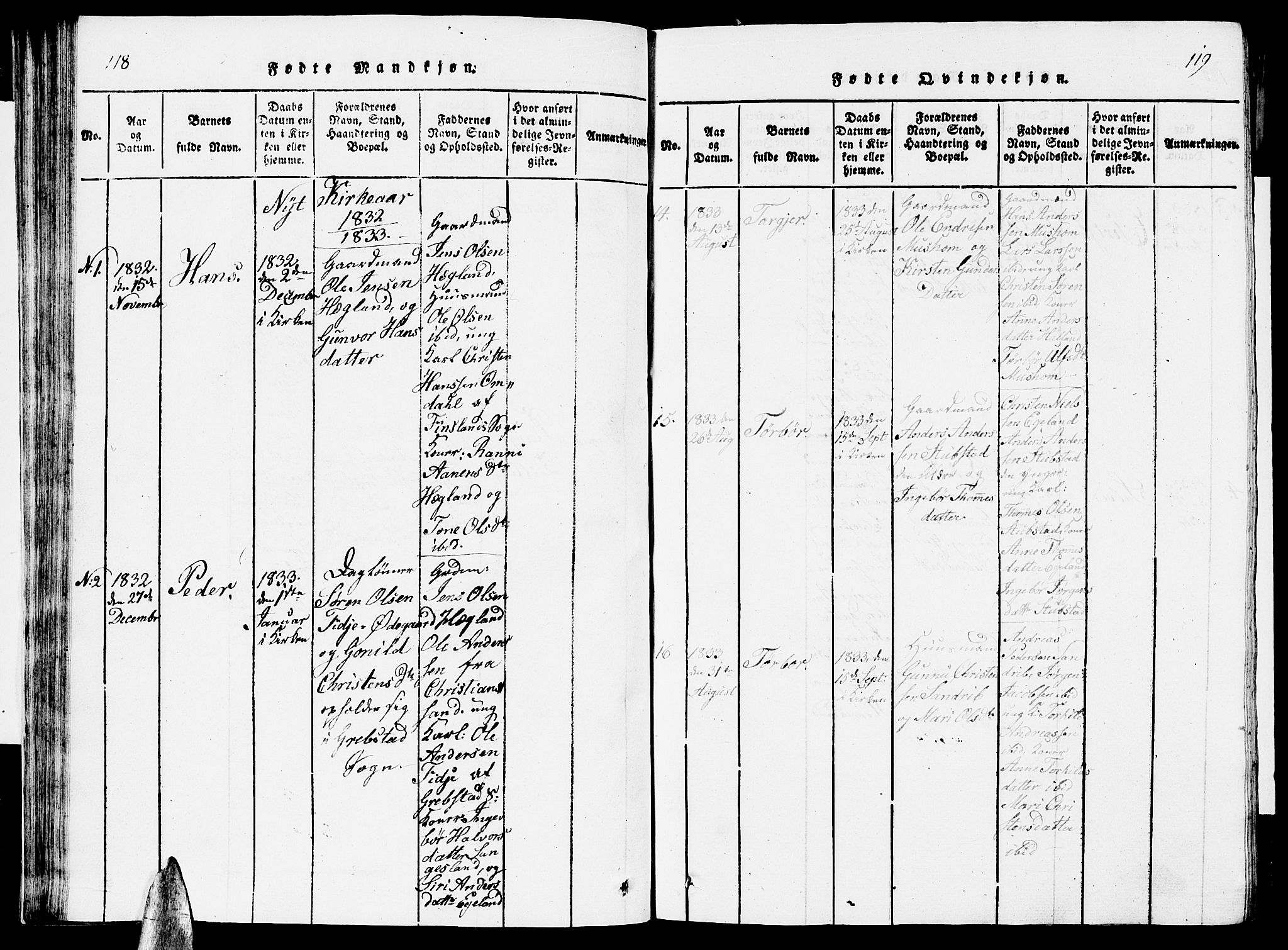 Vennesla sokneprestkontor, AV/SAK-1111-0045/Fb/Fbc/L0001: Parish register (copy) no. B 1, 1820-1834, p. 118-119