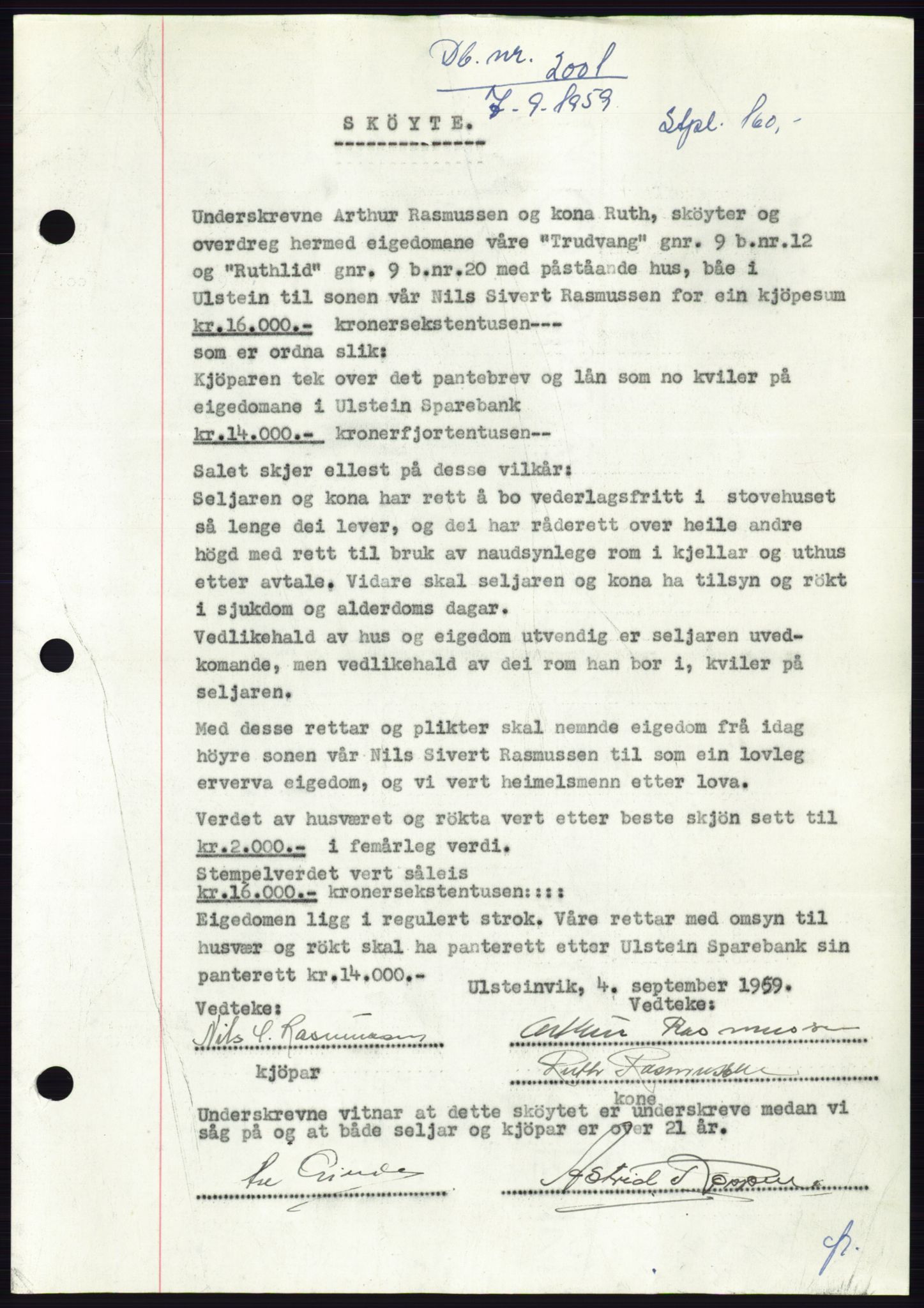 Søre Sunnmøre sorenskriveri, AV/SAT-A-4122/1/2/2C/L0113: Mortgage book no. 39A, 1959-1959, Diary no: : 2001/1959