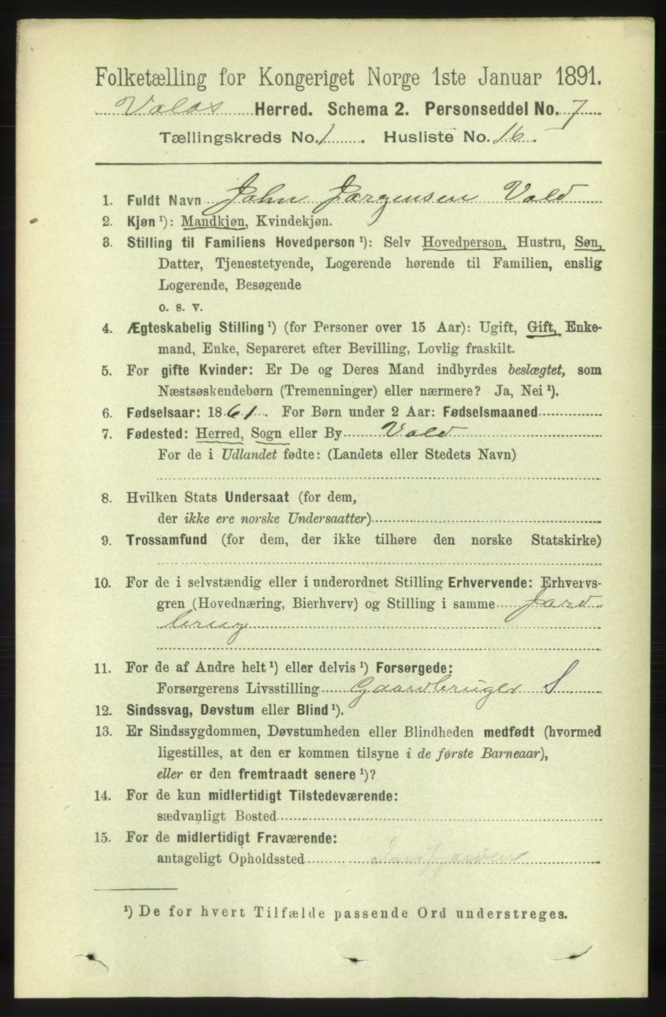 RA, 1891 census for 1537 Voll, 1891, p. 194