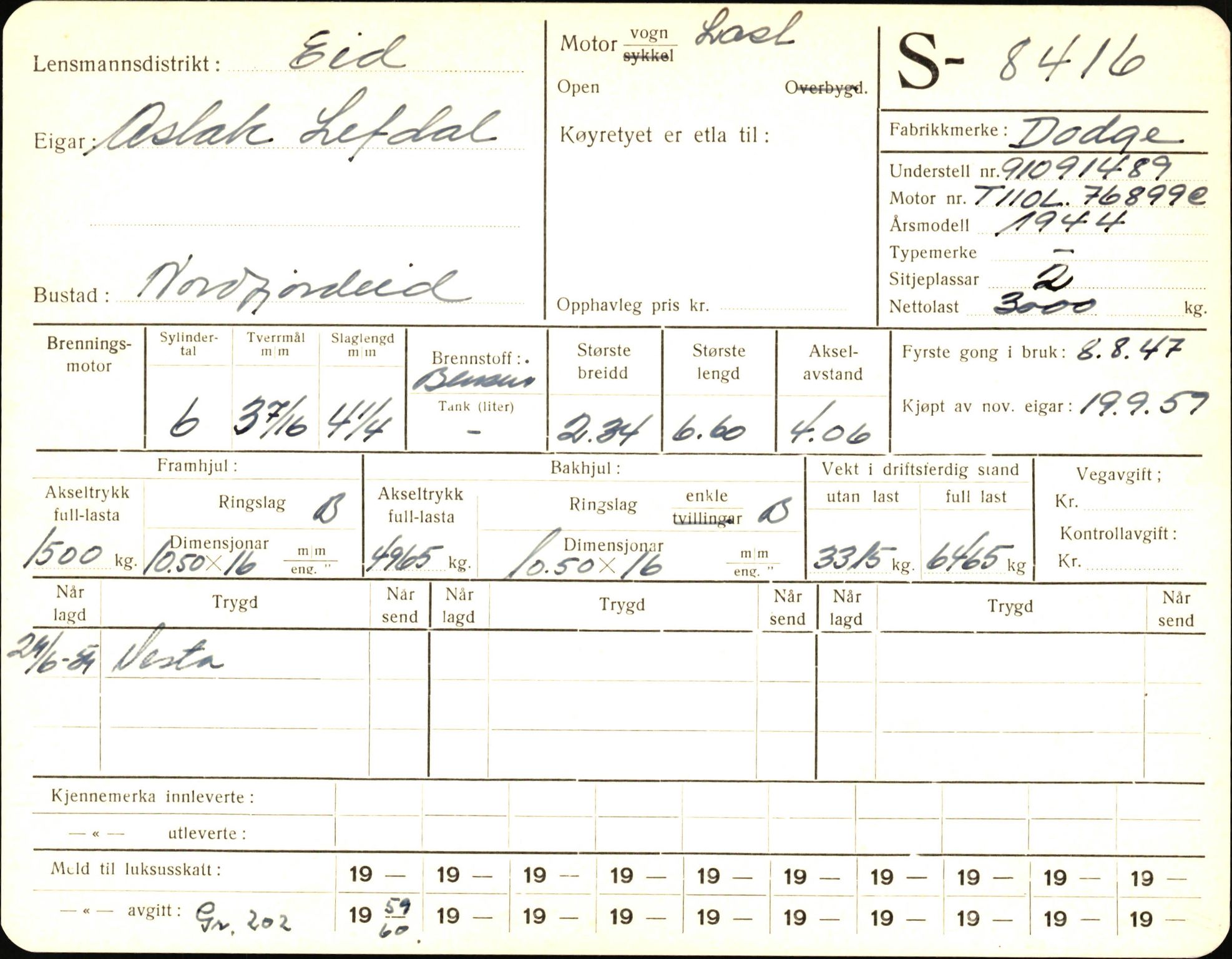 Statens vegvesen, Sogn og Fjordane vegkontor, AV/SAB-A-5301/4/F/L0006: Registerkort utmeldte Fjordane S8300-9500, 1930-1961, p. 187