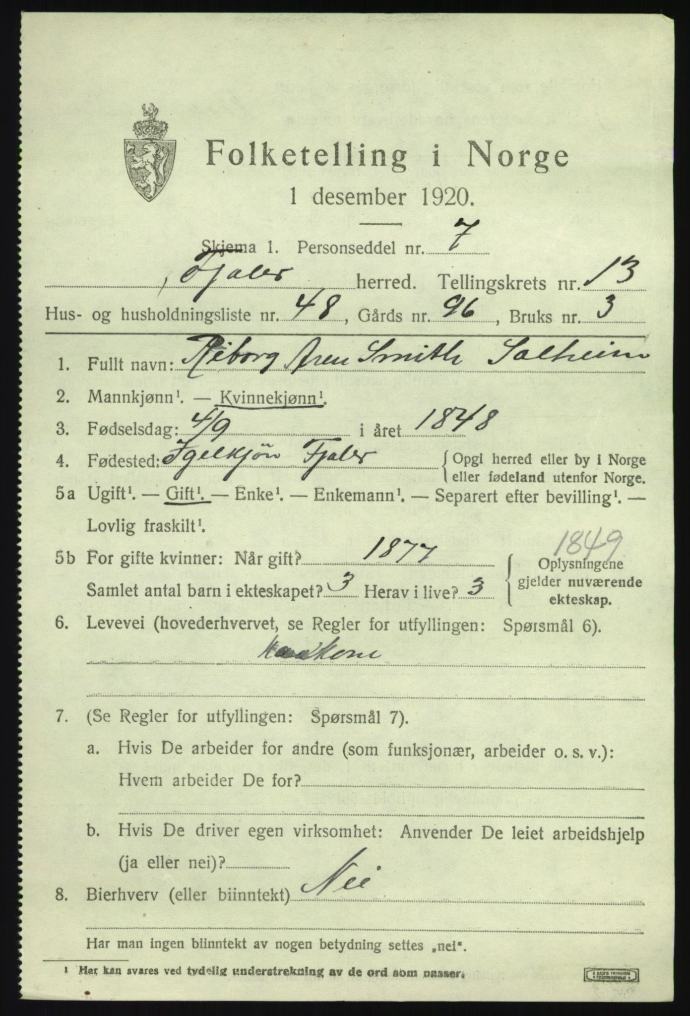 SAB, 1920 census for Fjaler, 1920, p. 7807