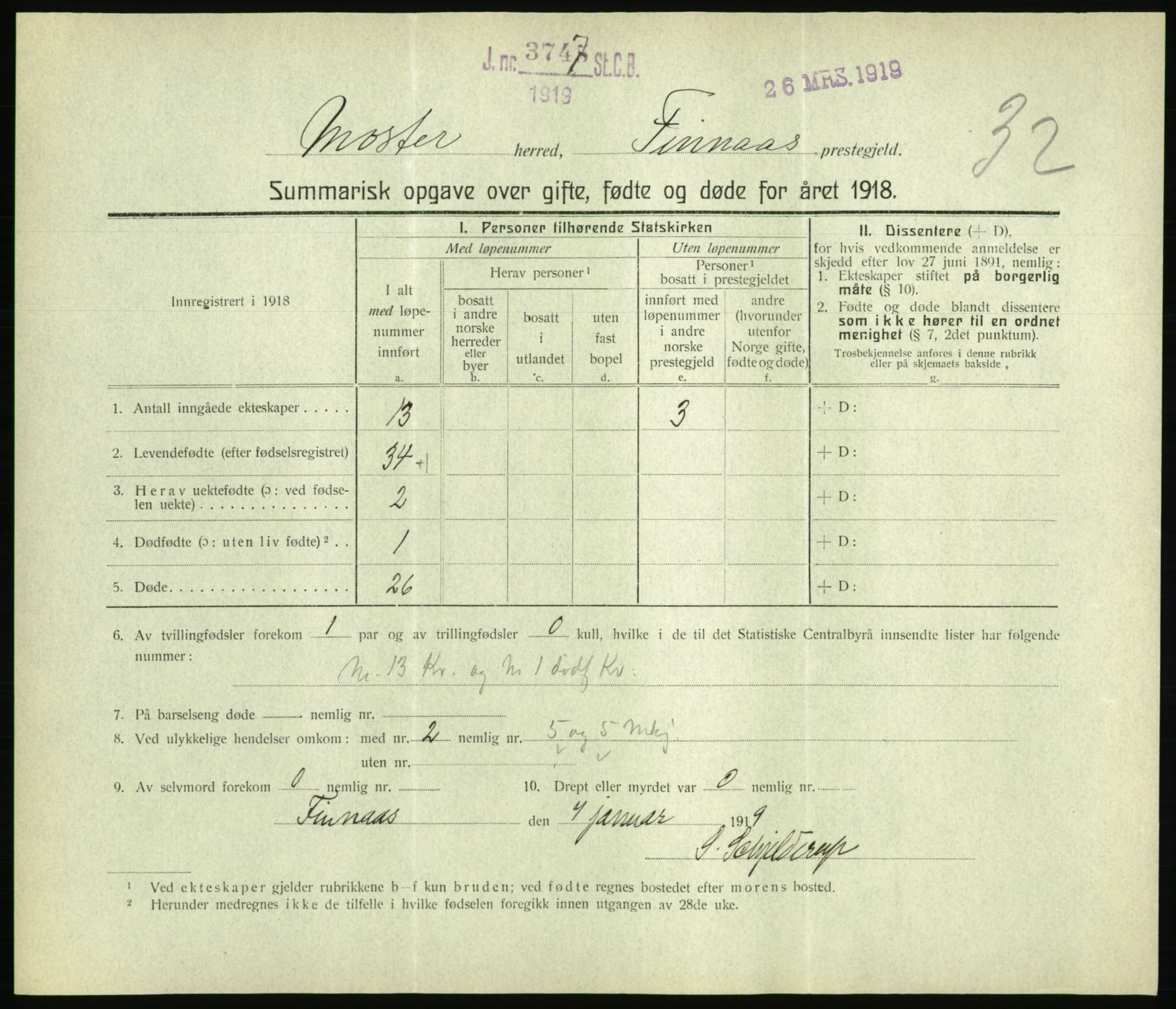 Statistisk sentralbyrå, Sosiodemografiske emner, Befolkning, RA/S-2228/D/Df/Dfb/Dfbh/L0059: Summariske oppgaver over gifte, fødte og døde for hele landet., 1918, p. 899