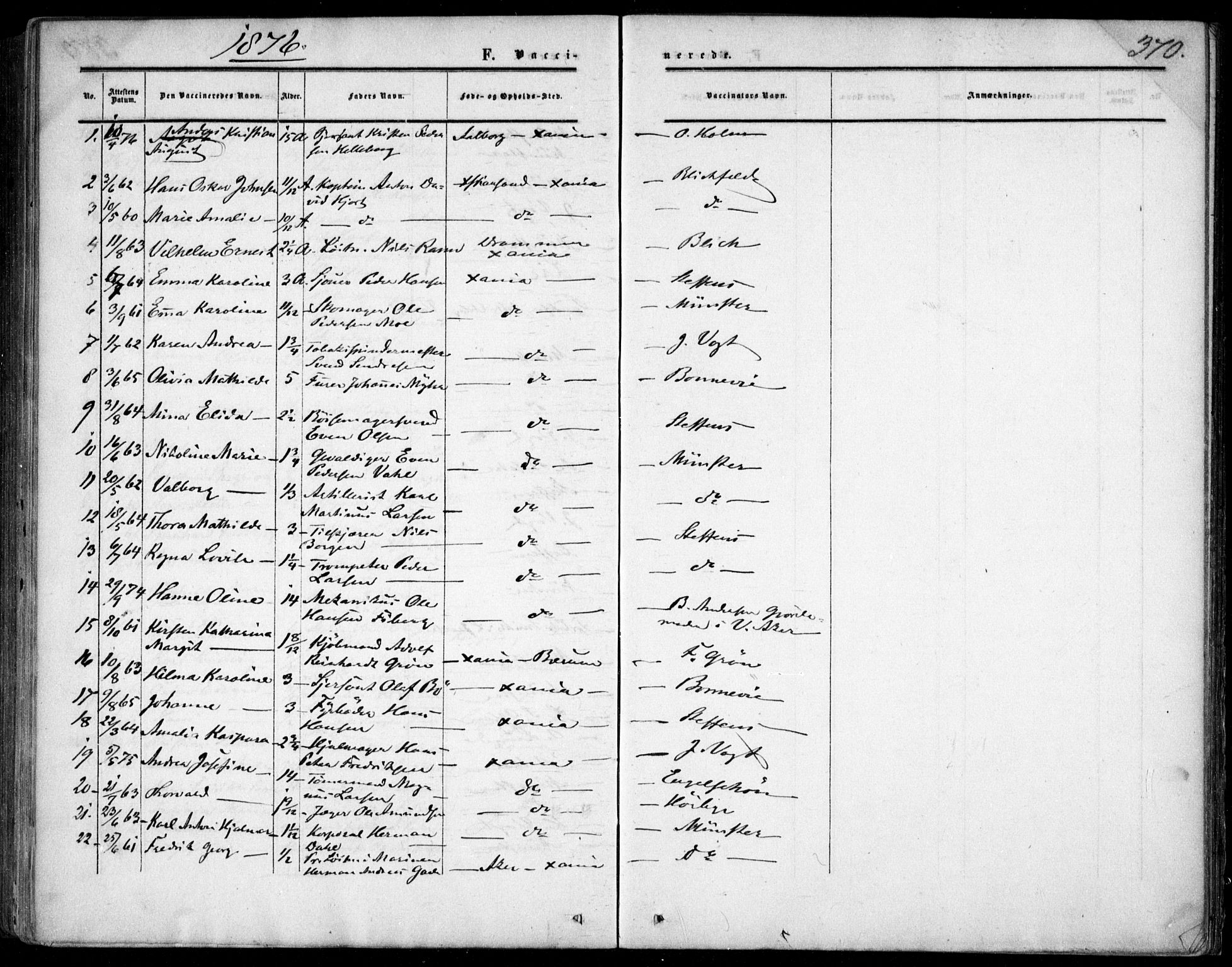 Garnisonsmenigheten Kirkebøker, SAO/A-10846/F/Fa/L0011: Parish register (official) no. 11, 1870-1880, p. 370