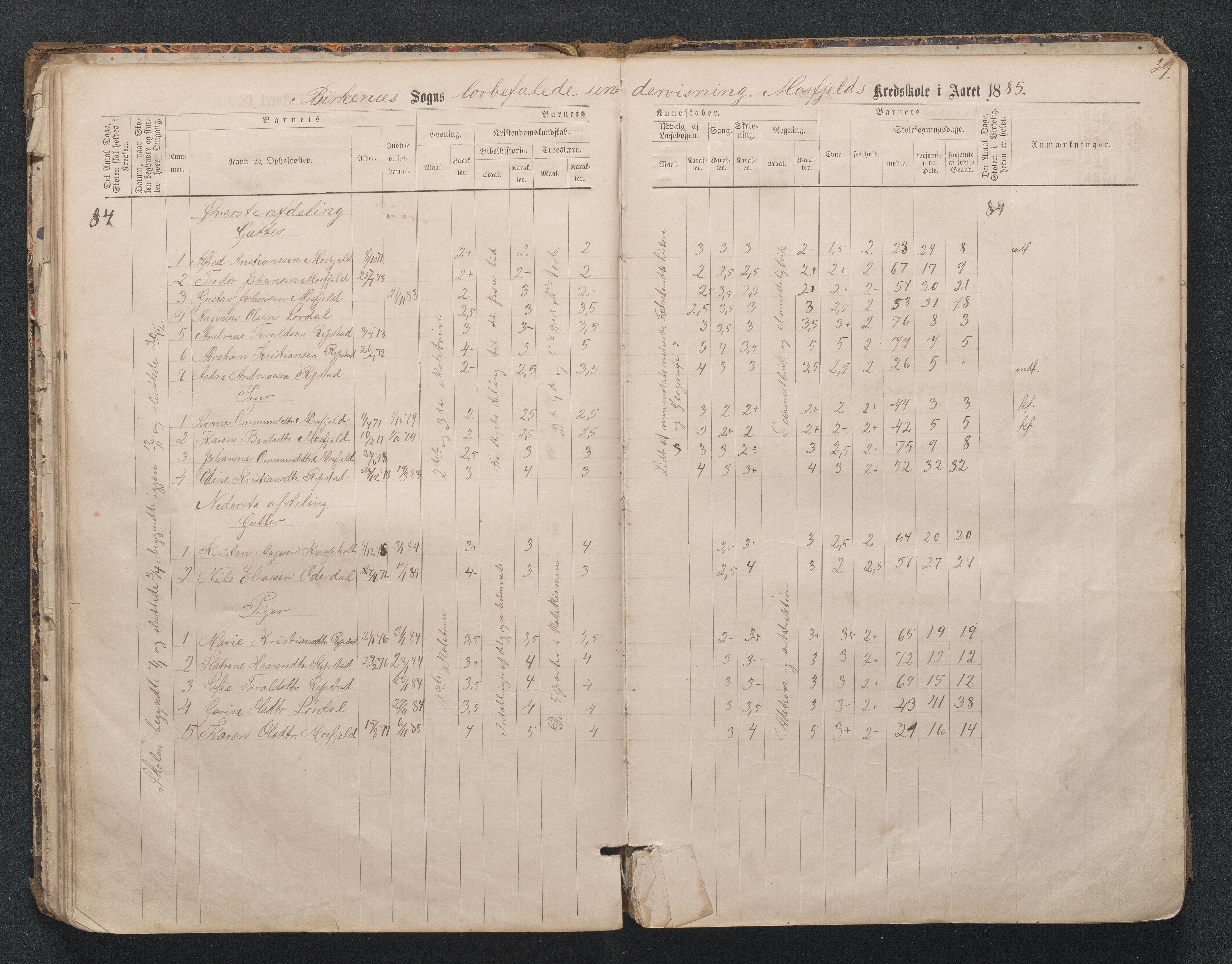 Birkenes kommune, Mosfjell skolekrets, AAKS/KA0928-550f_91/F02/L0001: Skoleprotokoll Flå og Mosfjell, 1867-1909, p. 39