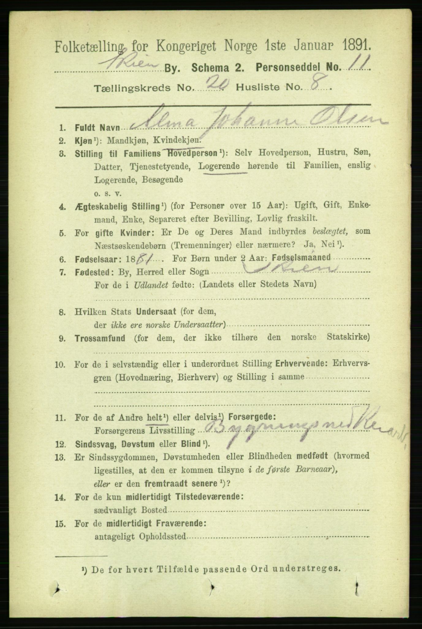 RA, 1891 census for 0806 Skien, 1891, p. 5187