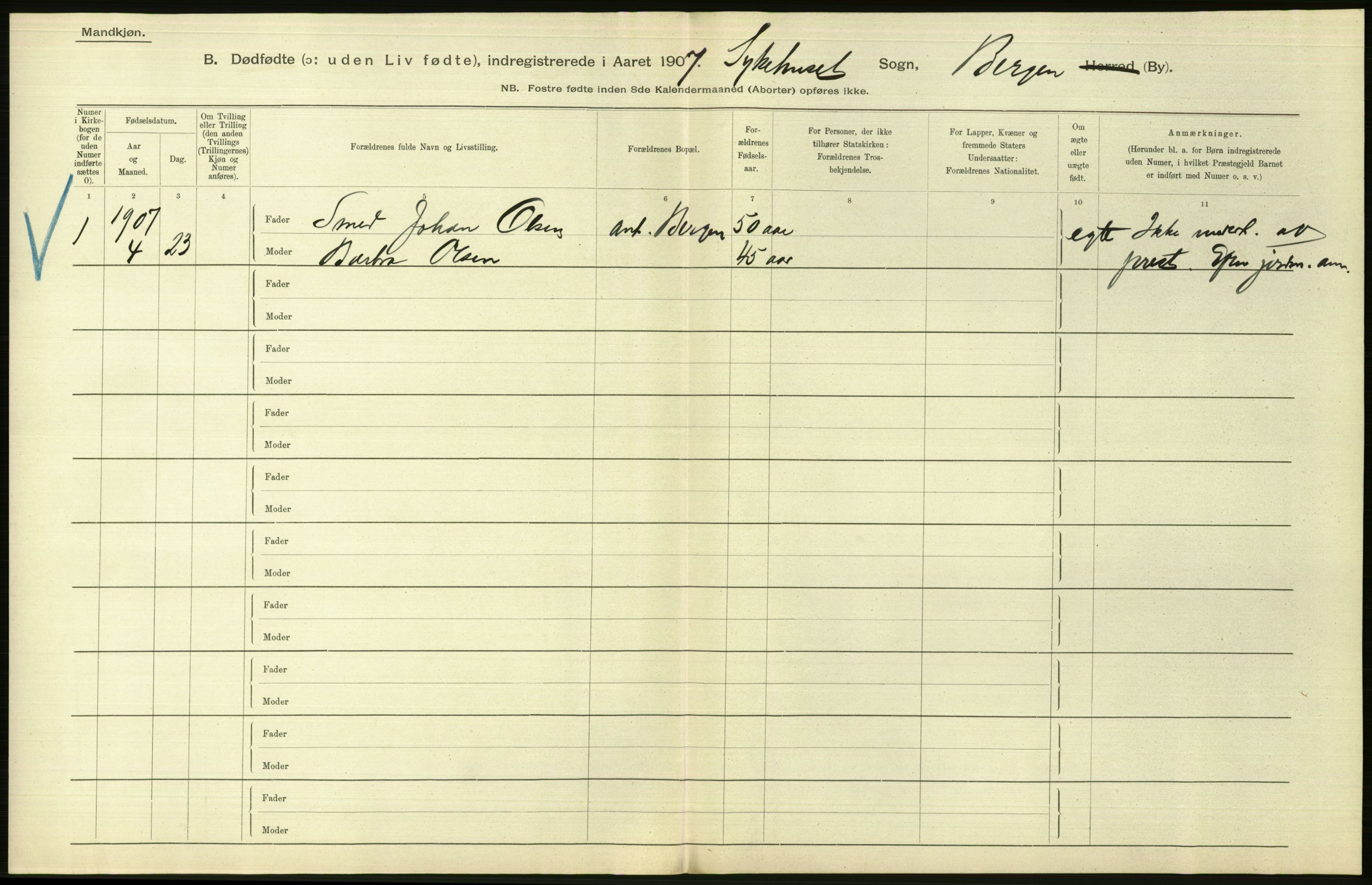 Statistisk sentralbyrå, Sosiodemografiske emner, Befolkning, RA/S-2228/D/Df/Dfa/Dfae/L0031: Bergen: gifte, døde, dødfødte., 1907, p. 440