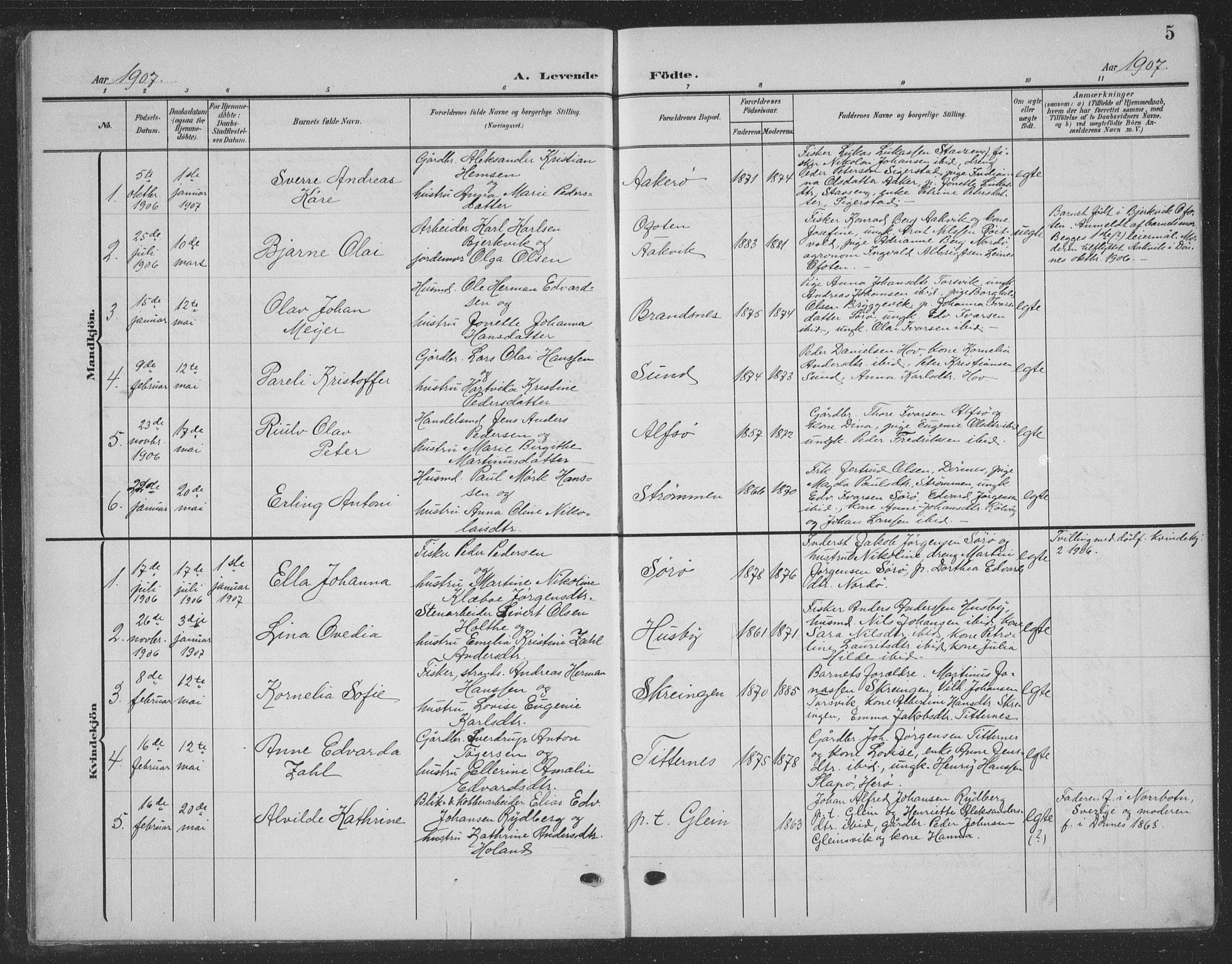 Ministerialprotokoller, klokkerbøker og fødselsregistre - Nordland, SAT/A-1459/835/L0533: Parish register (copy) no. 835C05, 1906-1939, p. 5