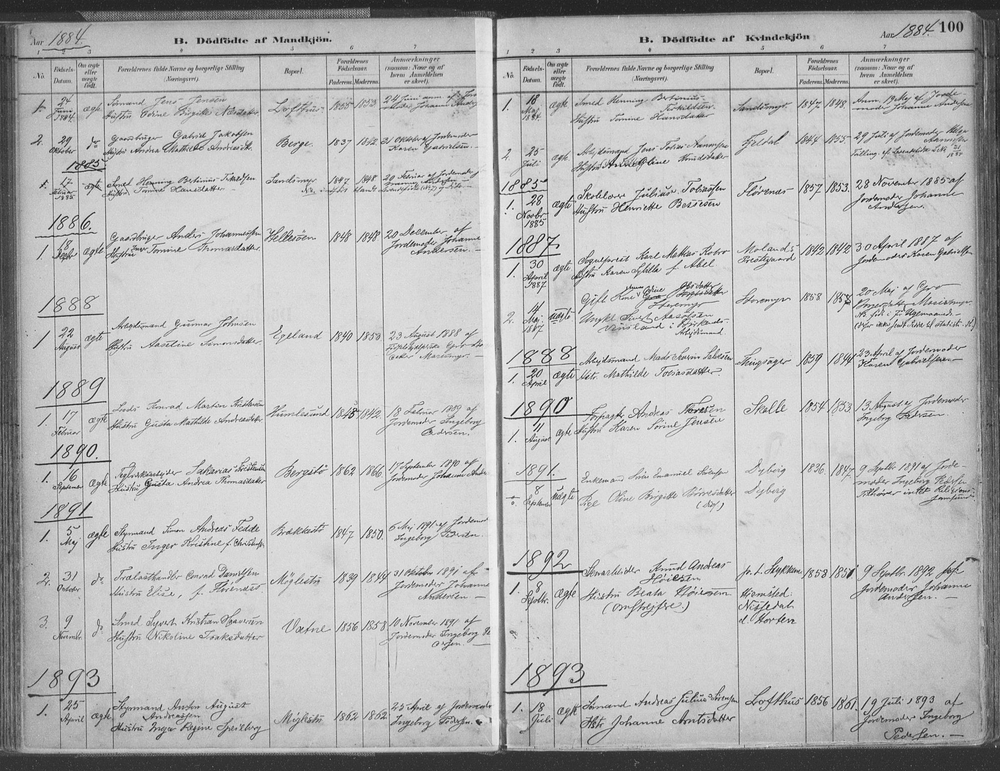 Vestre Moland sokneprestkontor, SAK/1111-0046/F/Fa/Fab/L0009: Parish register (official) no. A 9, 1884-1899, p. 100