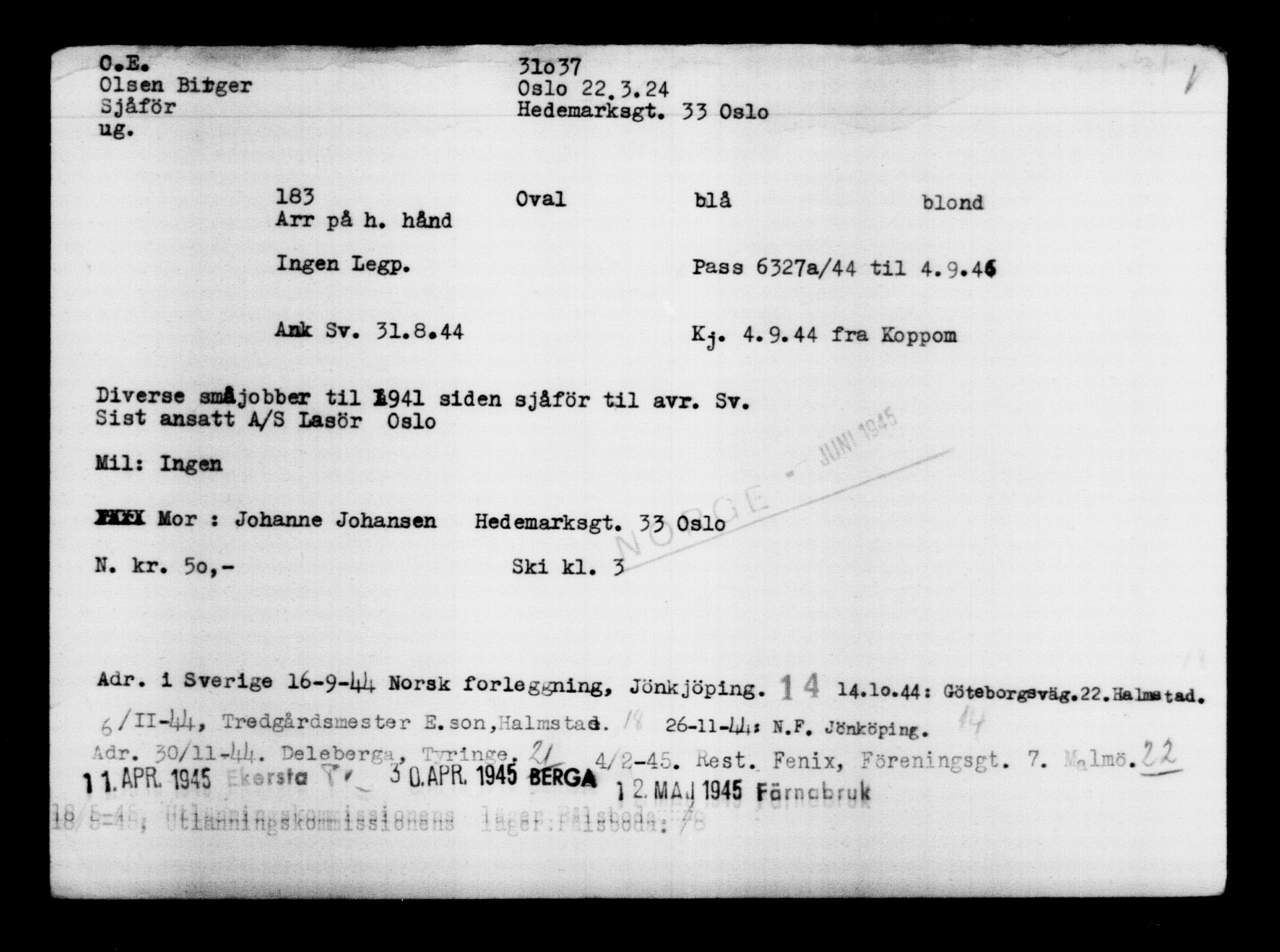 Utenriksstasjonene, Legasjonen i Stockholm, Flyktningkontoret, AV/RA-S-6753/V/Va/L0012: Kjesäterkartoteket, flyktninger med registreringsnr. 28300-31566, 1940-1945, p. 2968