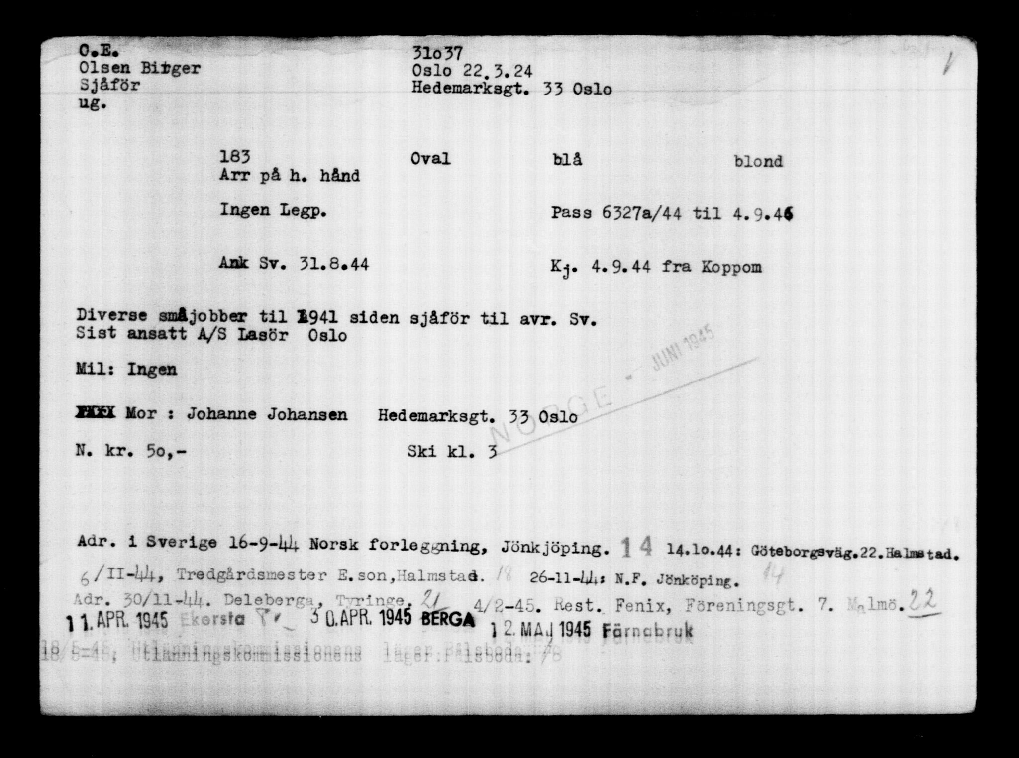 Den Kgl. Norske Legasjons Flyktningskontor, RA/S-6753/V/Va/L0012: Kjesäterkartoteket.  Flyktningenr. 28300-31566, 1940-1945, p. 2968