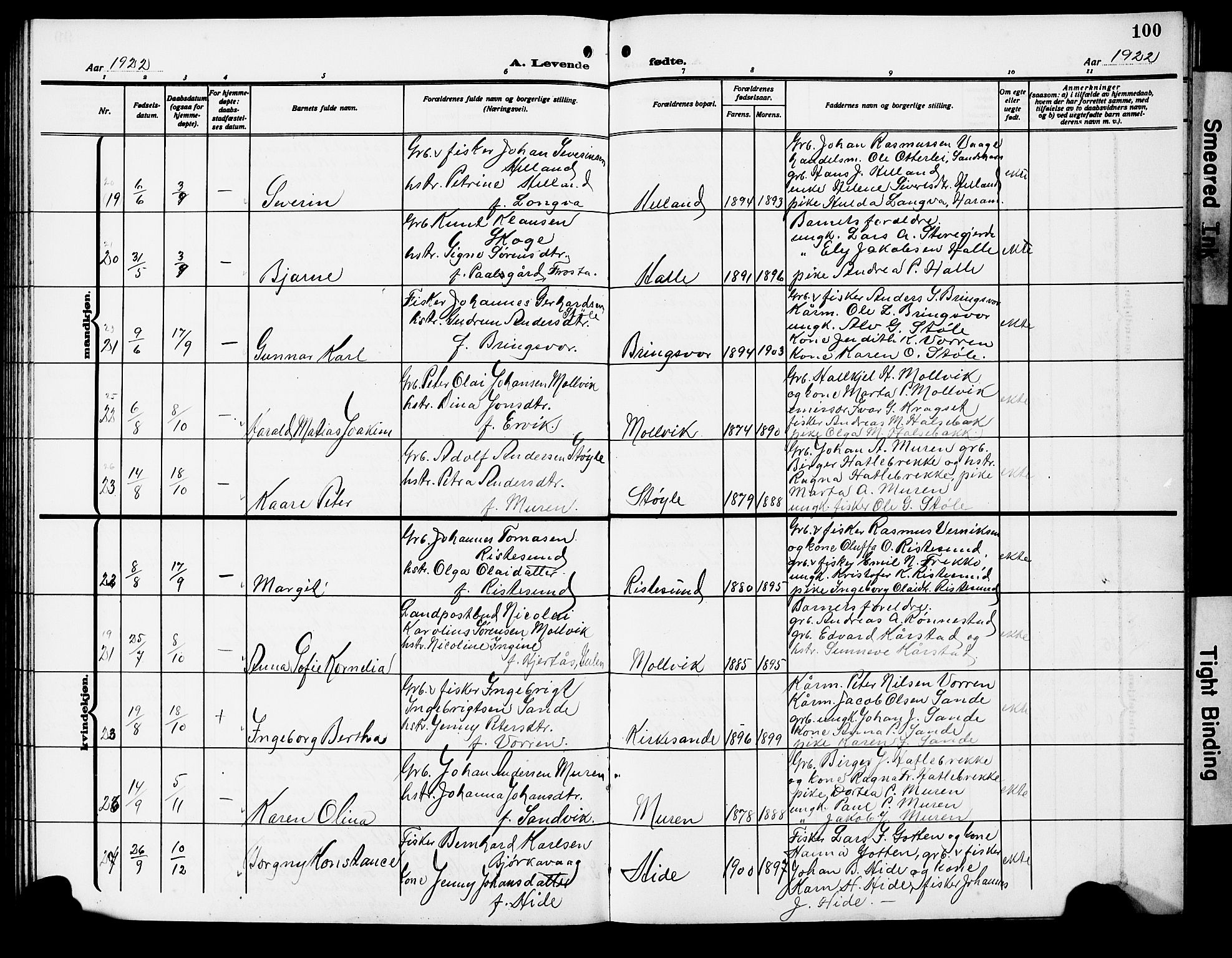 Ministerialprotokoller, klokkerbøker og fødselsregistre - Møre og Romsdal, AV/SAT-A-1454/503/L0050: Parish register (copy) no. 503C05, 1909-1922, p. 100