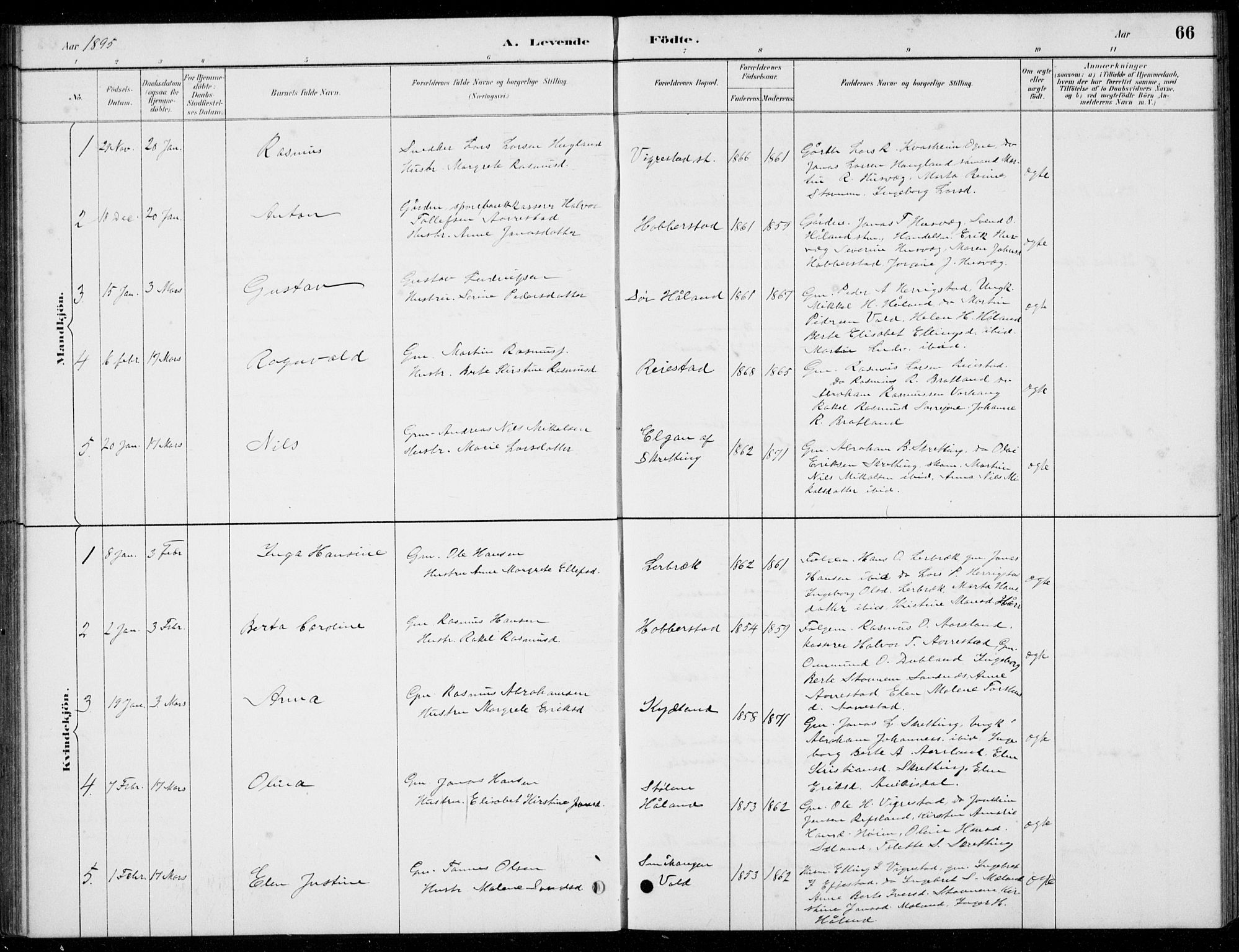 Hå sokneprestkontor, AV/SAST-A-101801/001/30BB/L0004: Parish register (copy) no. B 4, 1883-1899, p. 66