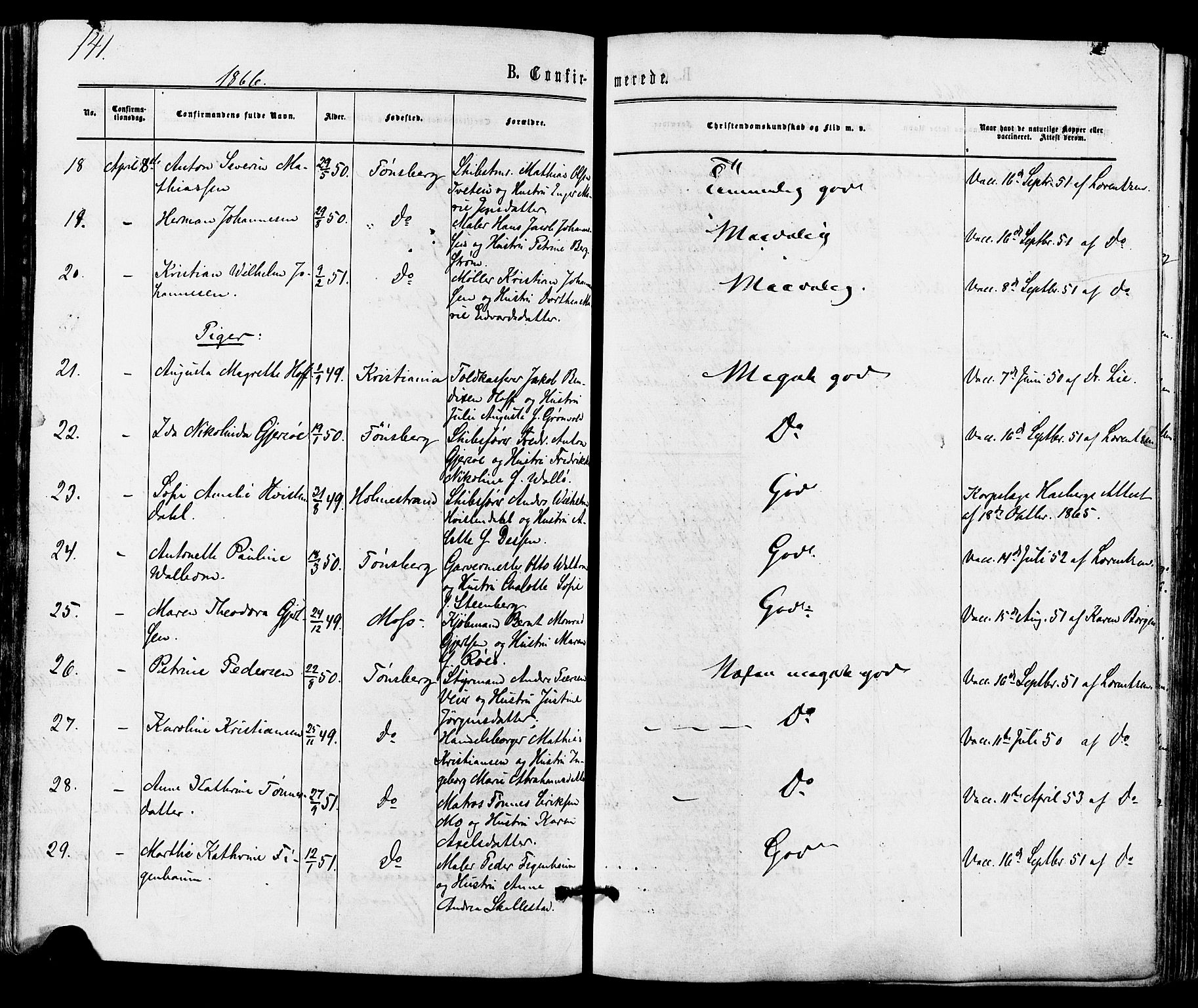 Tønsberg kirkebøker, AV/SAKO-A-330/F/Fa/L0009: Parish register (official) no. I 9, 1865-1873, p. 141