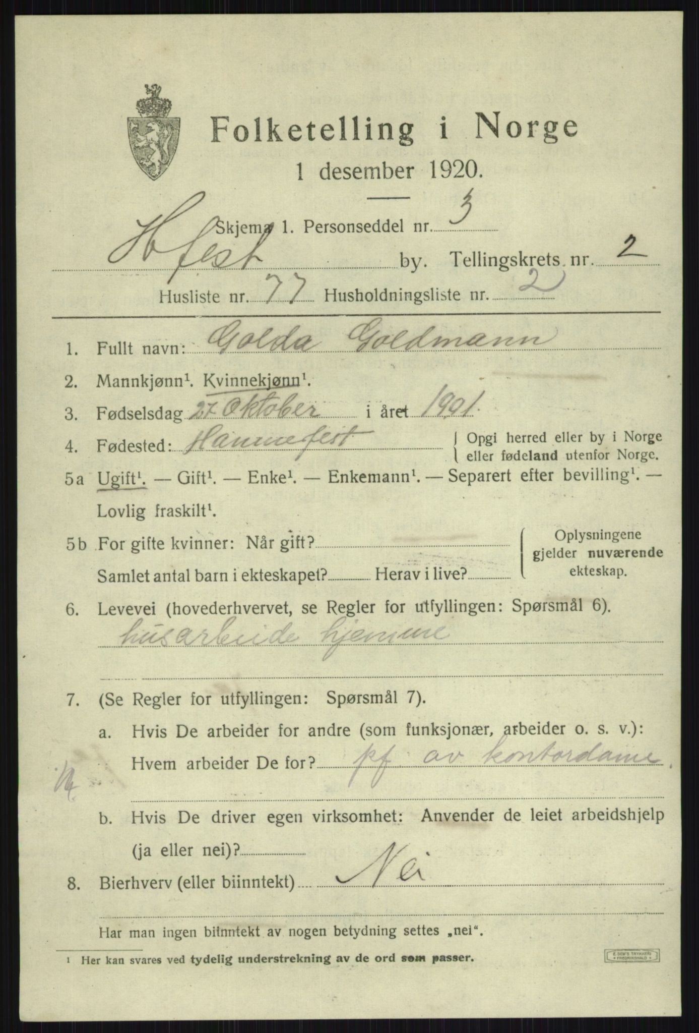 SATØ, 1920 census for Hammerfest, 1920, p. 7573