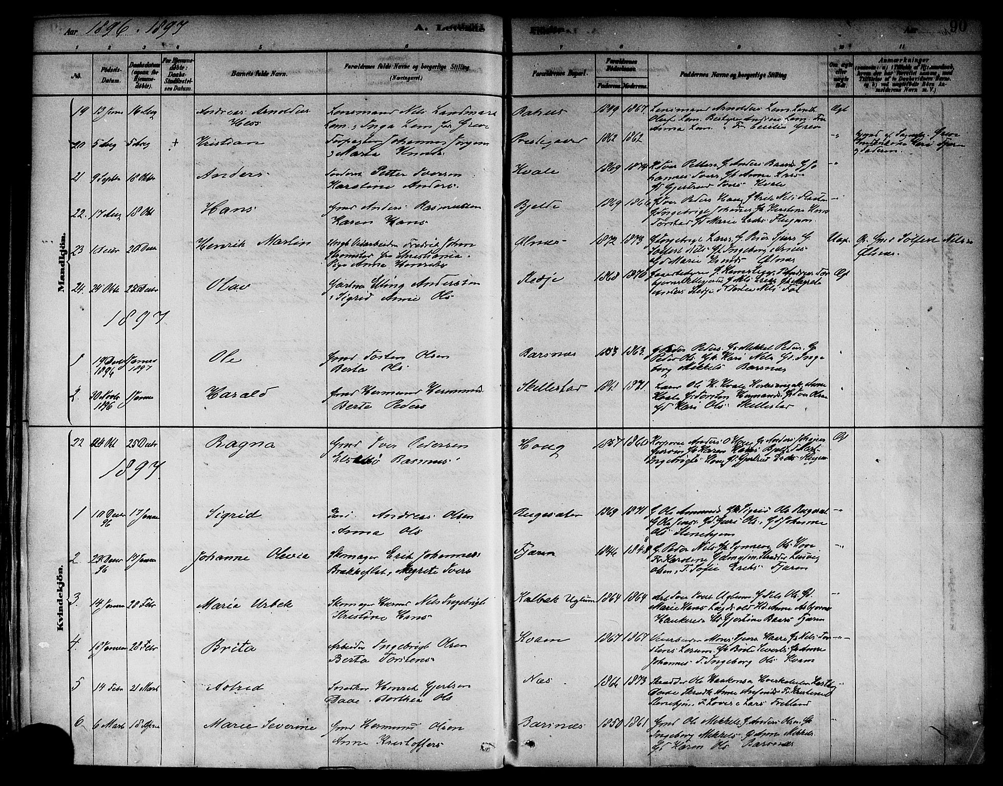 Sogndal sokneprestembete, AV/SAB-A-81301/H/Haa/Haab/L0001: Parish register (official) no. B 1, 1878-1899, p. 90