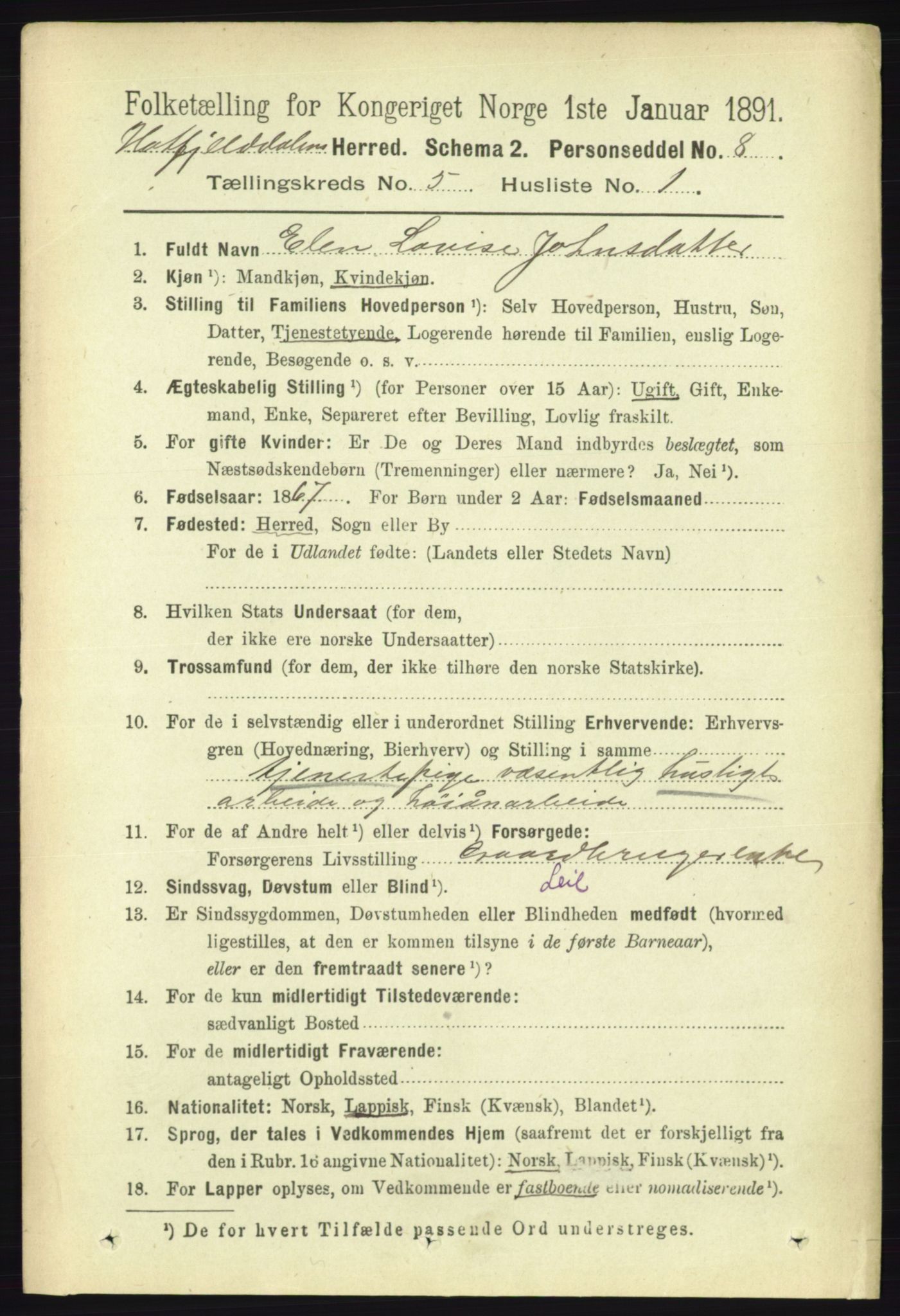 RA, 1891 census for 1826 Hattfjelldal, 1891, p. 1136