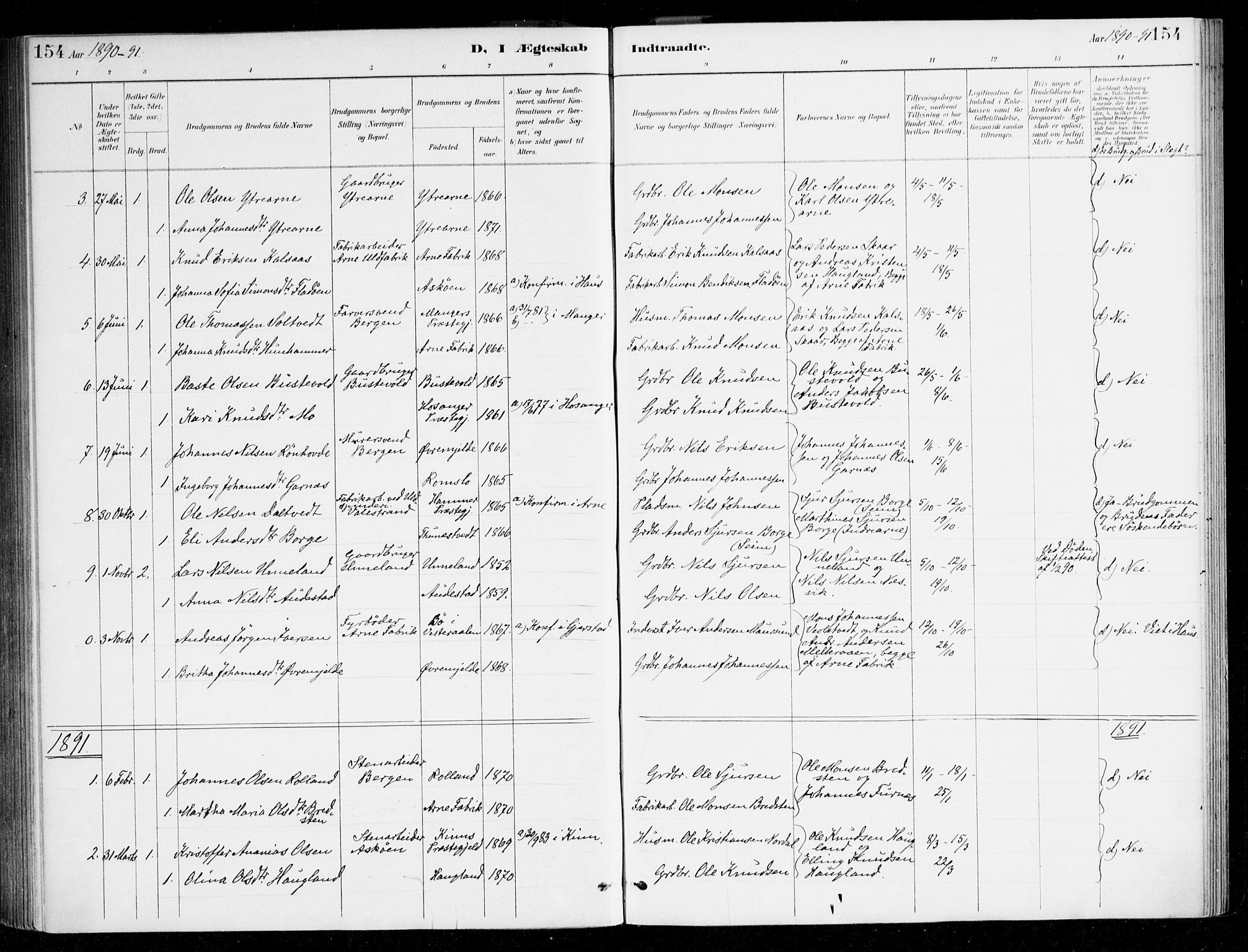Haus sokneprestembete, SAB/A-75601/H/Haa/Haad/L0001: Parish register (official) no. D 1, 1887-1898, p. 154
