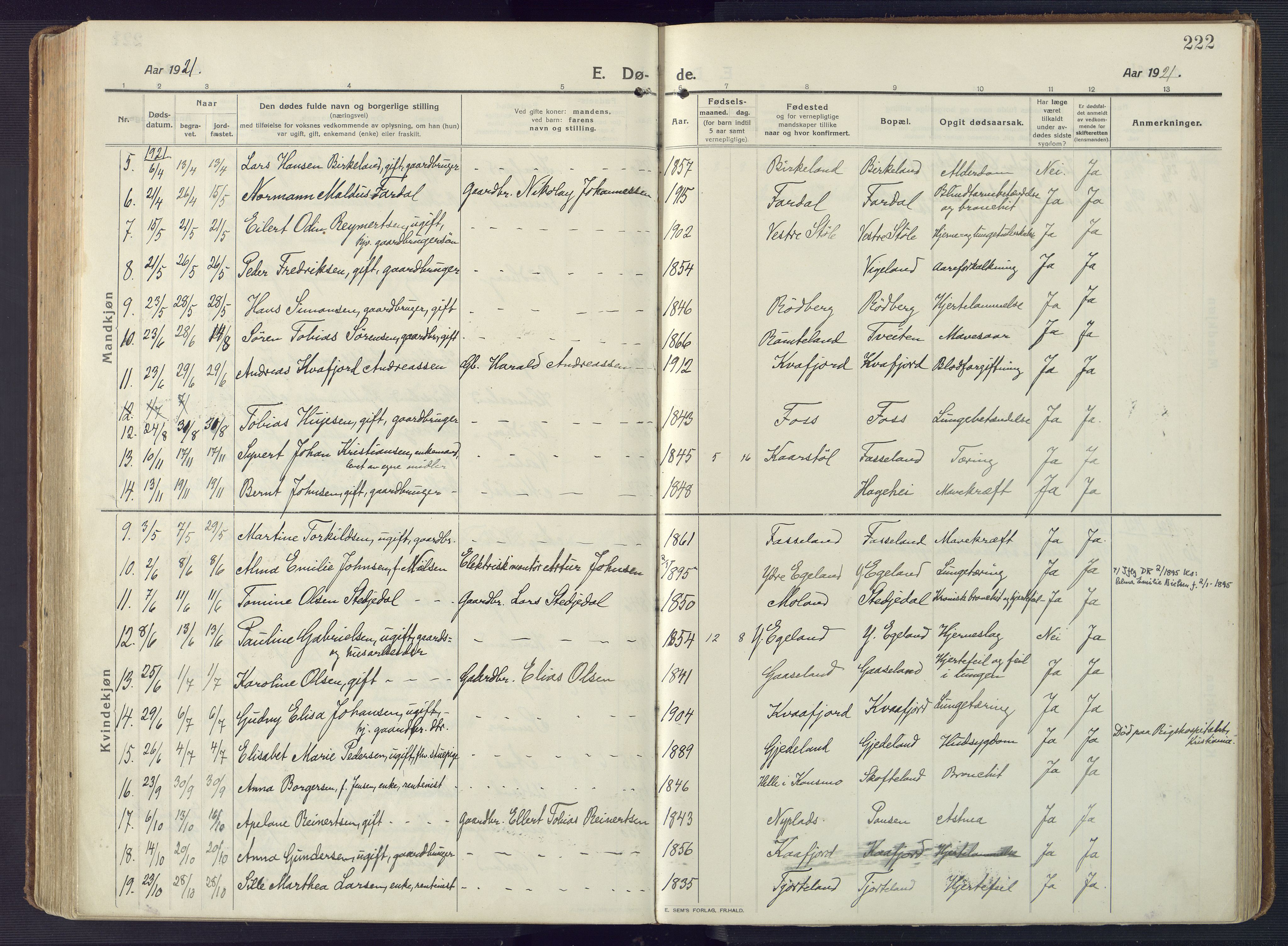 Sør-Audnedal sokneprestkontor, AV/SAK-1111-0039/F/Fa/Fab/L0011: Parish register (official) no. A 11, 1912-1938, p. 222