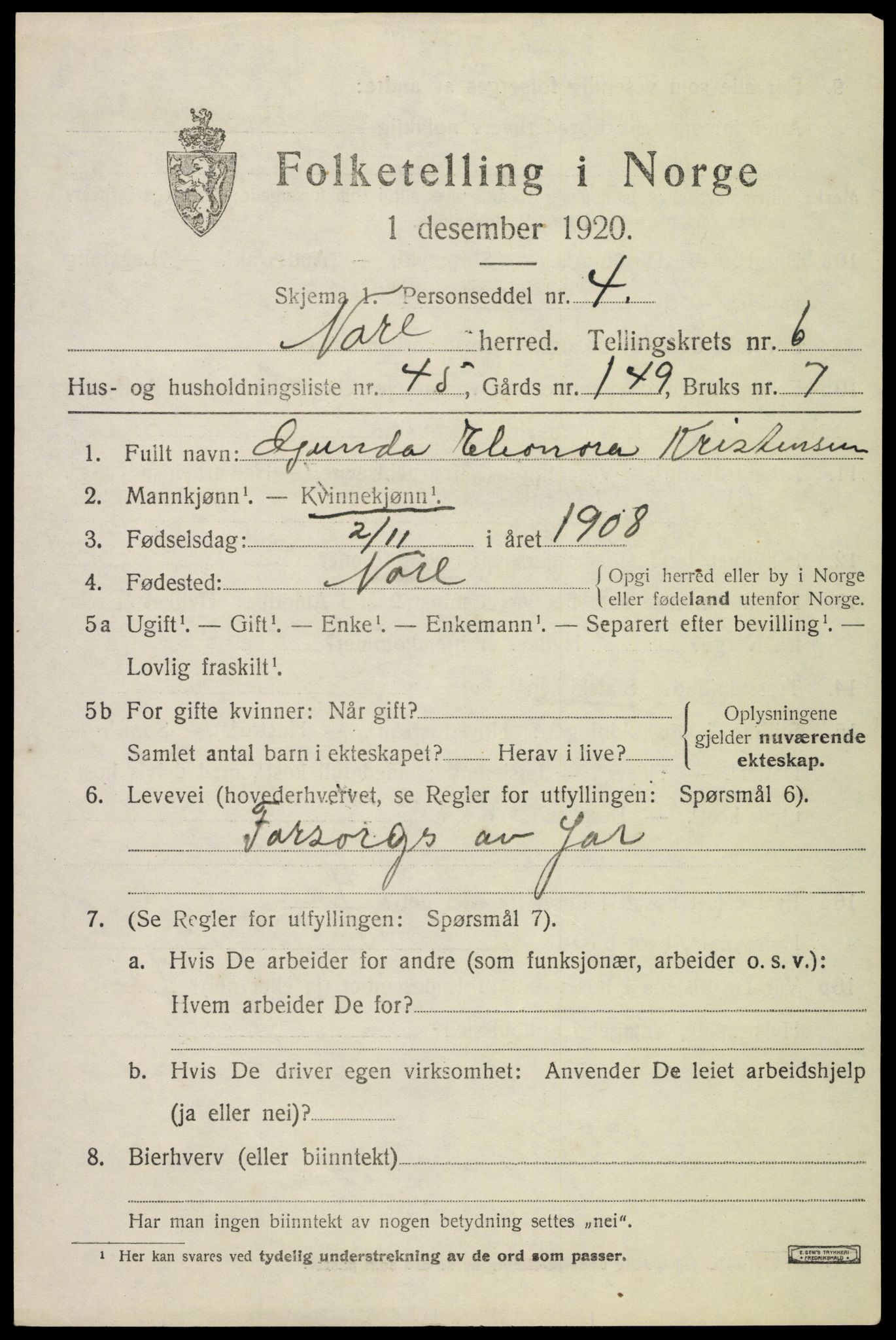 SAKO, 1920 census for Nore, 1920, p. 3016