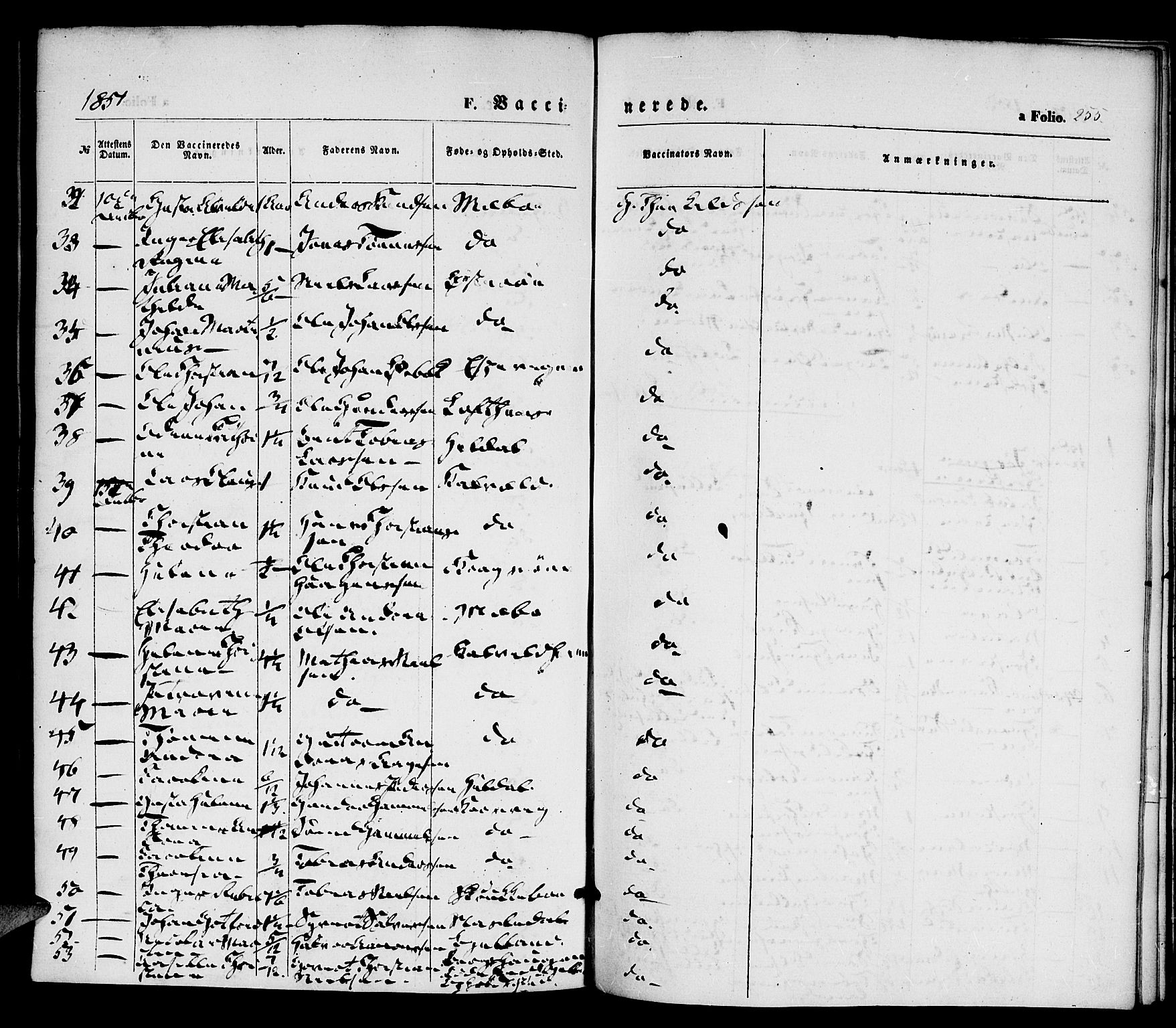 Vestre Moland sokneprestkontor, AV/SAK-1111-0046/F/Fa/Fab/L0006: Parish register (official) no. A 6, 1850-1858, p. 255