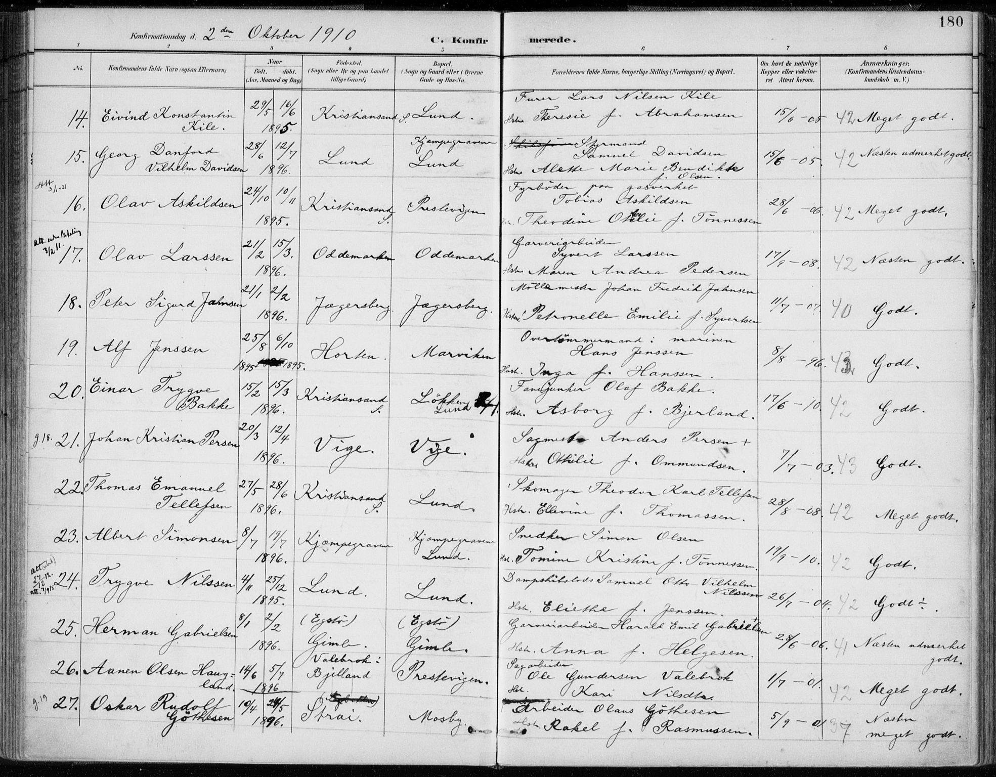 Oddernes sokneprestkontor, SAK/1111-0033/F/Fa/Faa/L0010: Parish register (official) no. A 10, 1897-1911, p. 180