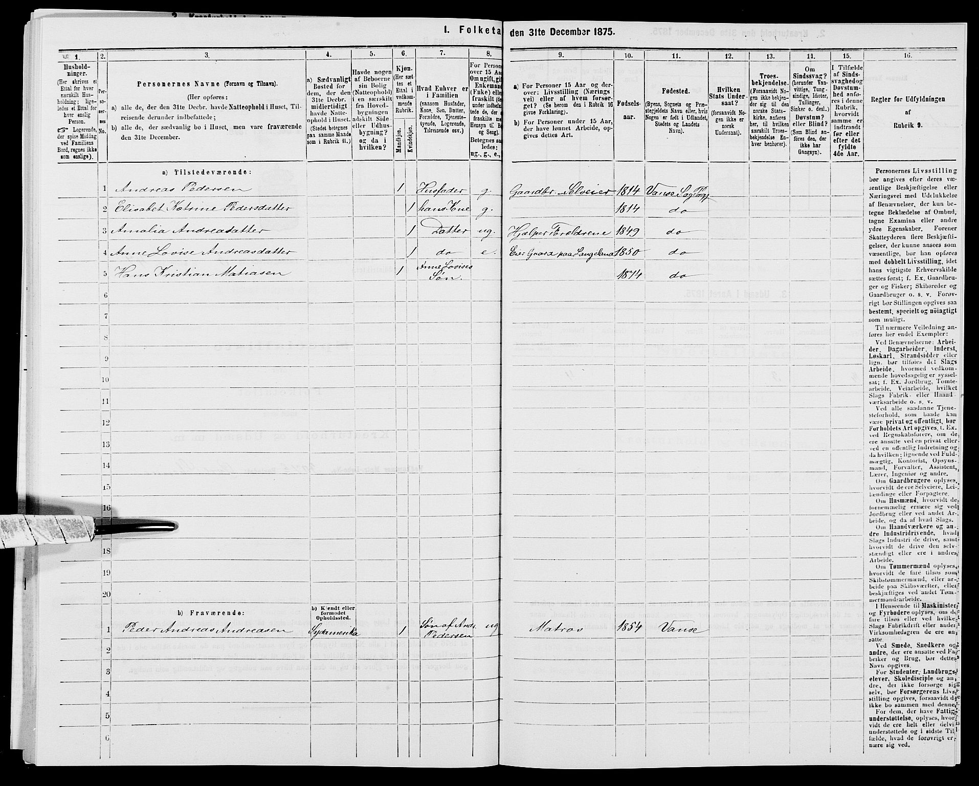 SAK, 1875 census for 1041L Vanse/Vanse og Farsund, 1875, p. 842