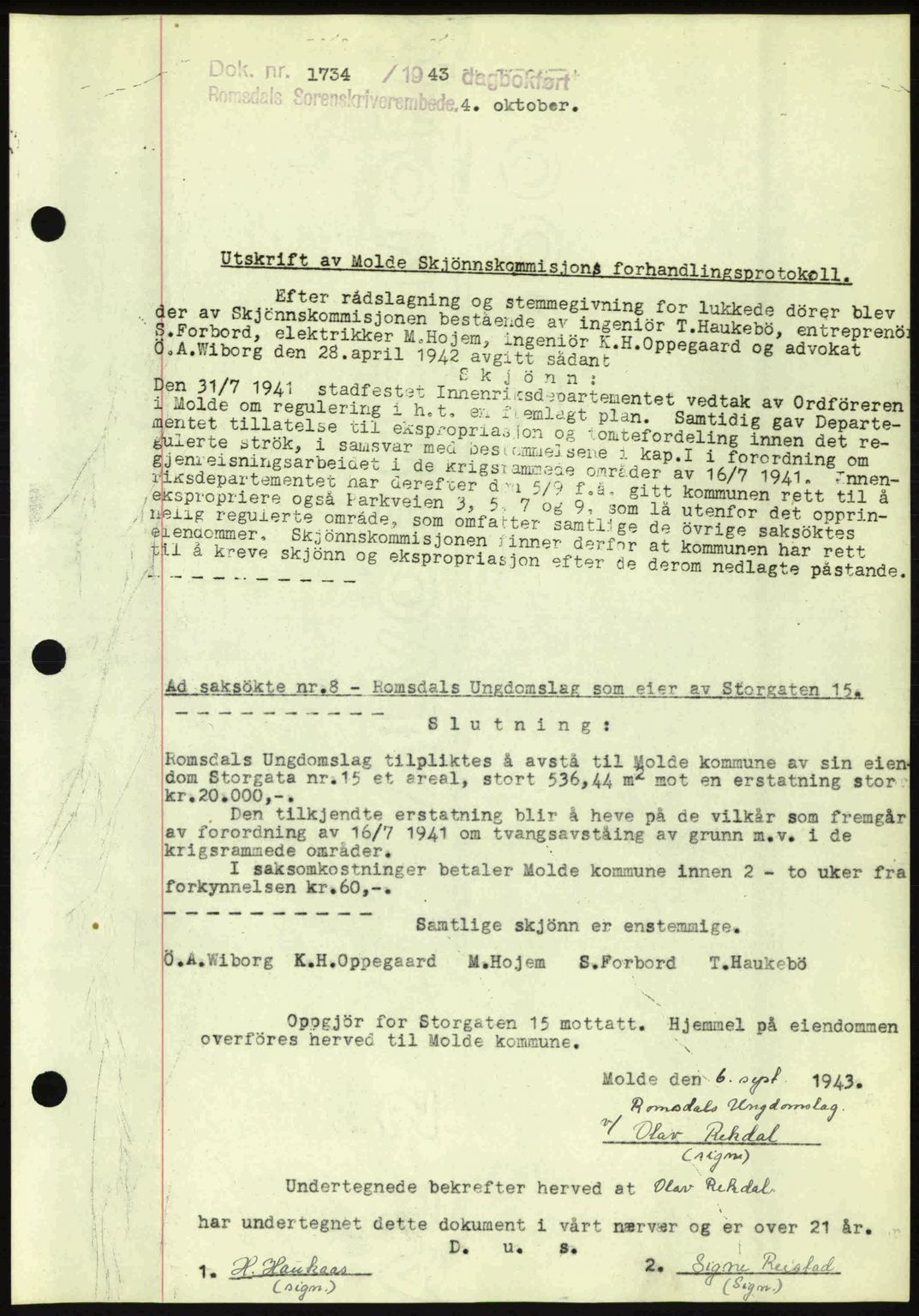 Romsdal sorenskriveri, AV/SAT-A-4149/1/2/2C: Mortgage book no. A15, 1943-1944, Diary no: : 1734/1943