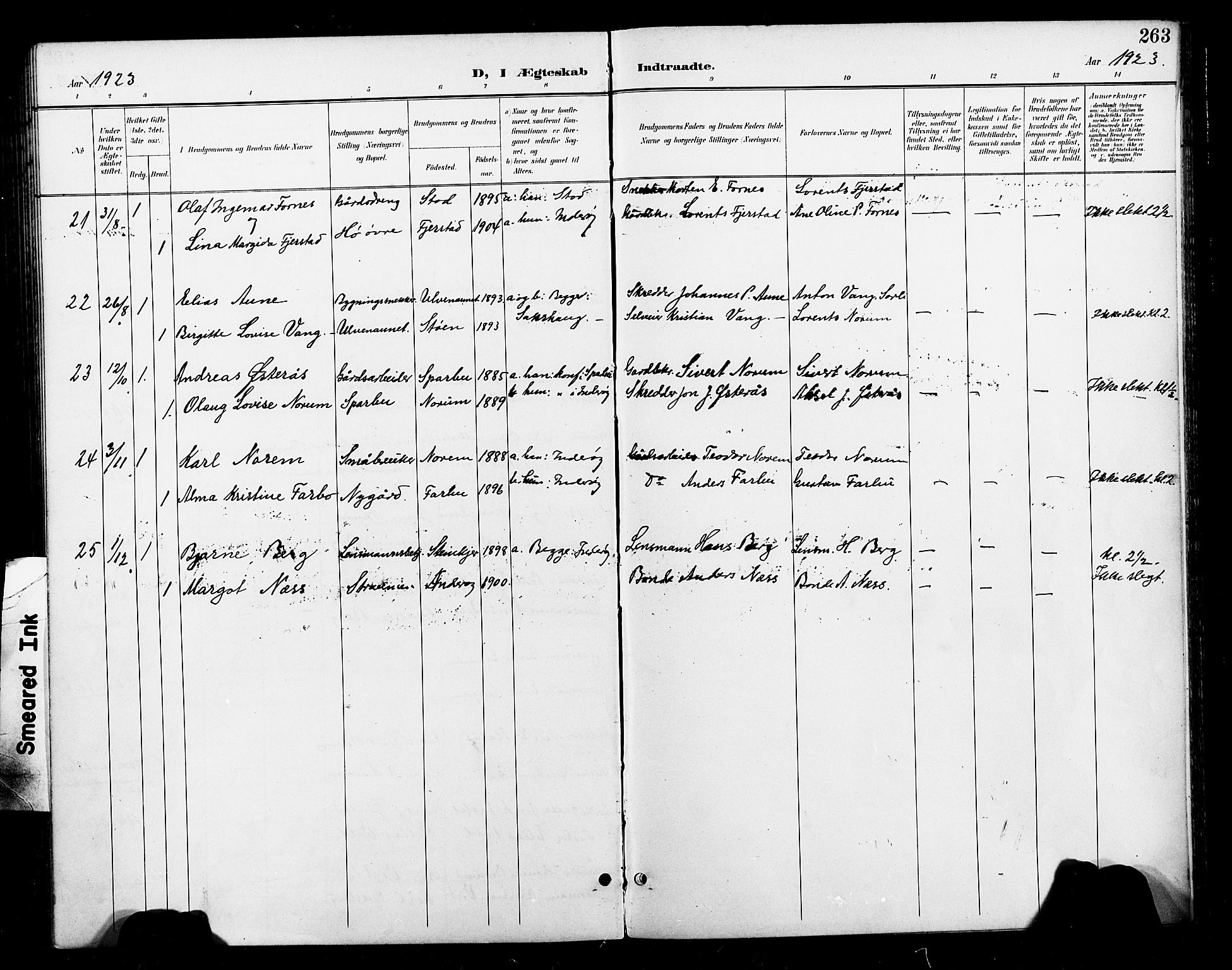 Ministerialprotokoller, klokkerbøker og fødselsregistre - Nord-Trøndelag, AV/SAT-A-1458/730/L0302: Parish register (copy) no. 730C05, 1898-1924, p. 263