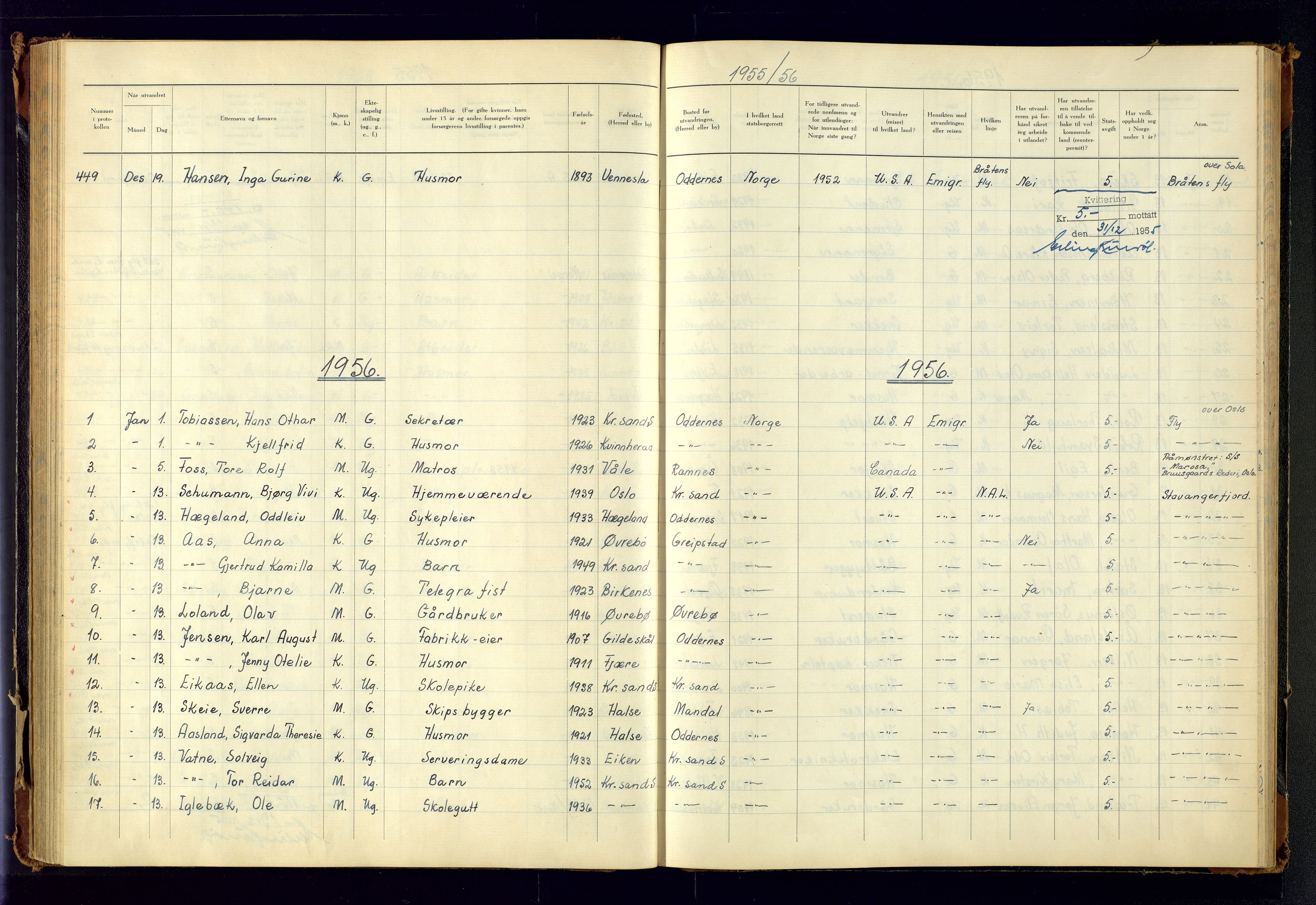 Kristiansand politikammer, SAK/1243-0004/K/Kb/L0249: Emigrantprotokoll, 1951-1961, p. 104