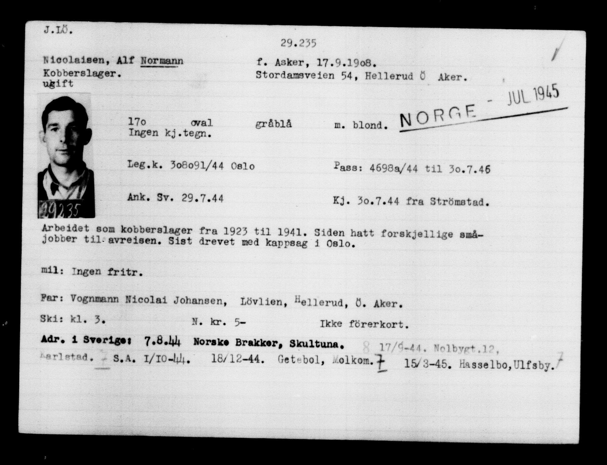 Utenriksstasjonene, Legasjonen i Stockholm, Flyktningkontoret, AV/RA-S-6753/V/Va/L0012: Kjesäterkartoteket, flyktninger med registreringsnr. 28300-31566, 1940-1945, p. 1023