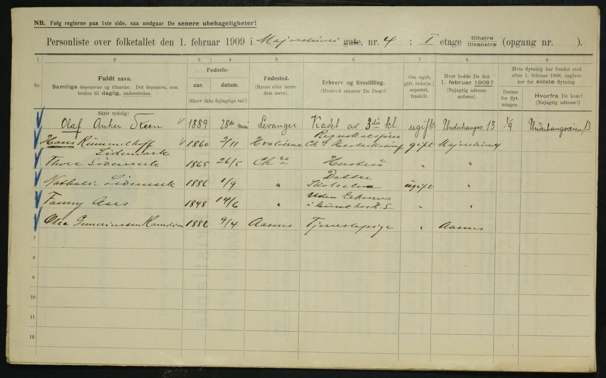 OBA, Municipal Census 1909 for Kristiania, 1909, p. 54164