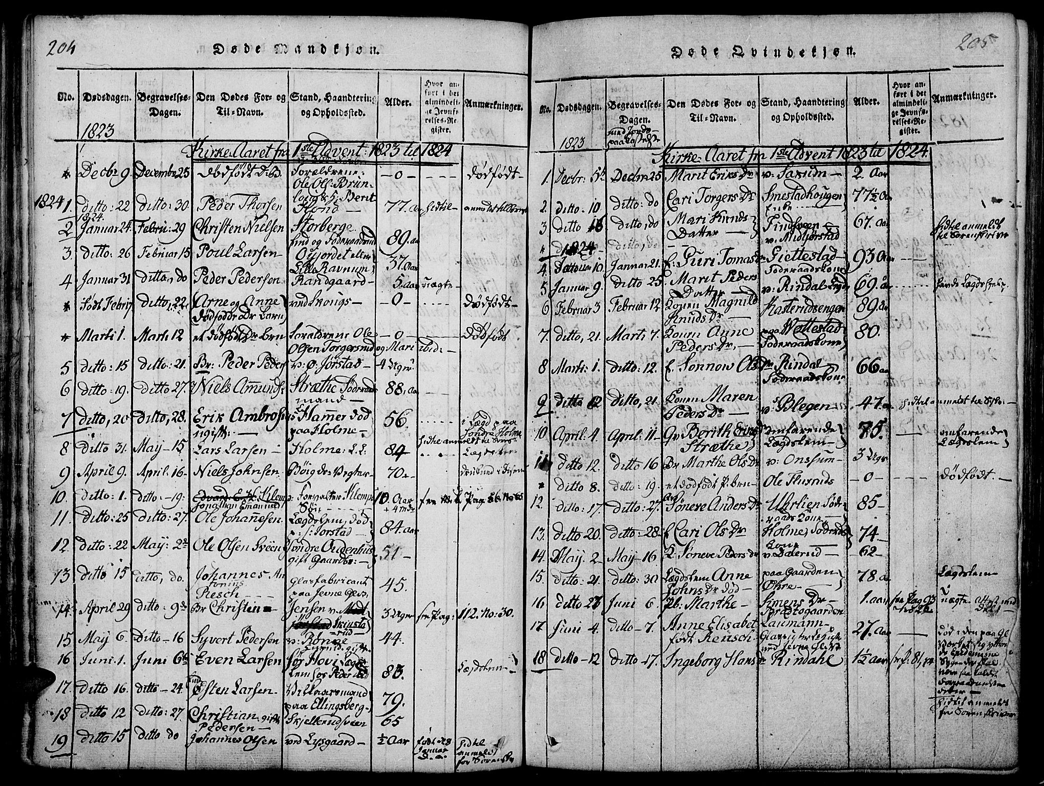 Fåberg prestekontor, SAH/PREST-086/H/Ha/Haa/L0003: Parish register (official) no. 3, 1818-1833, p. 204-205