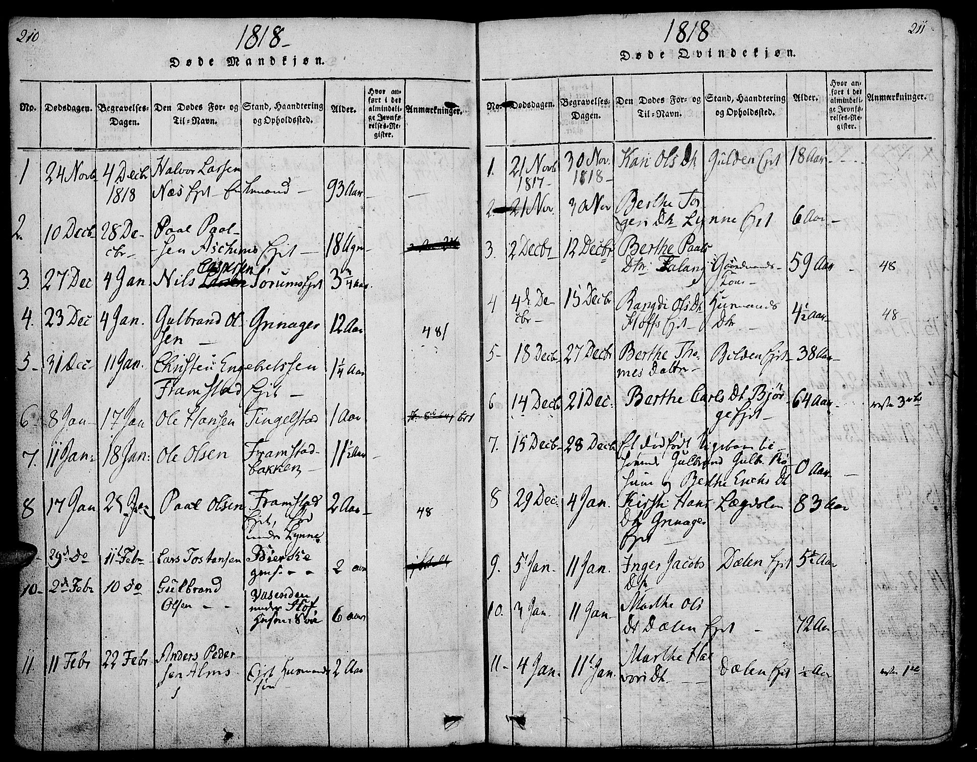 Gran prestekontor, SAH/PREST-112/H/Ha/Haa/L0009: Parish register (official) no. 9, 1815-1824, p. 210-211