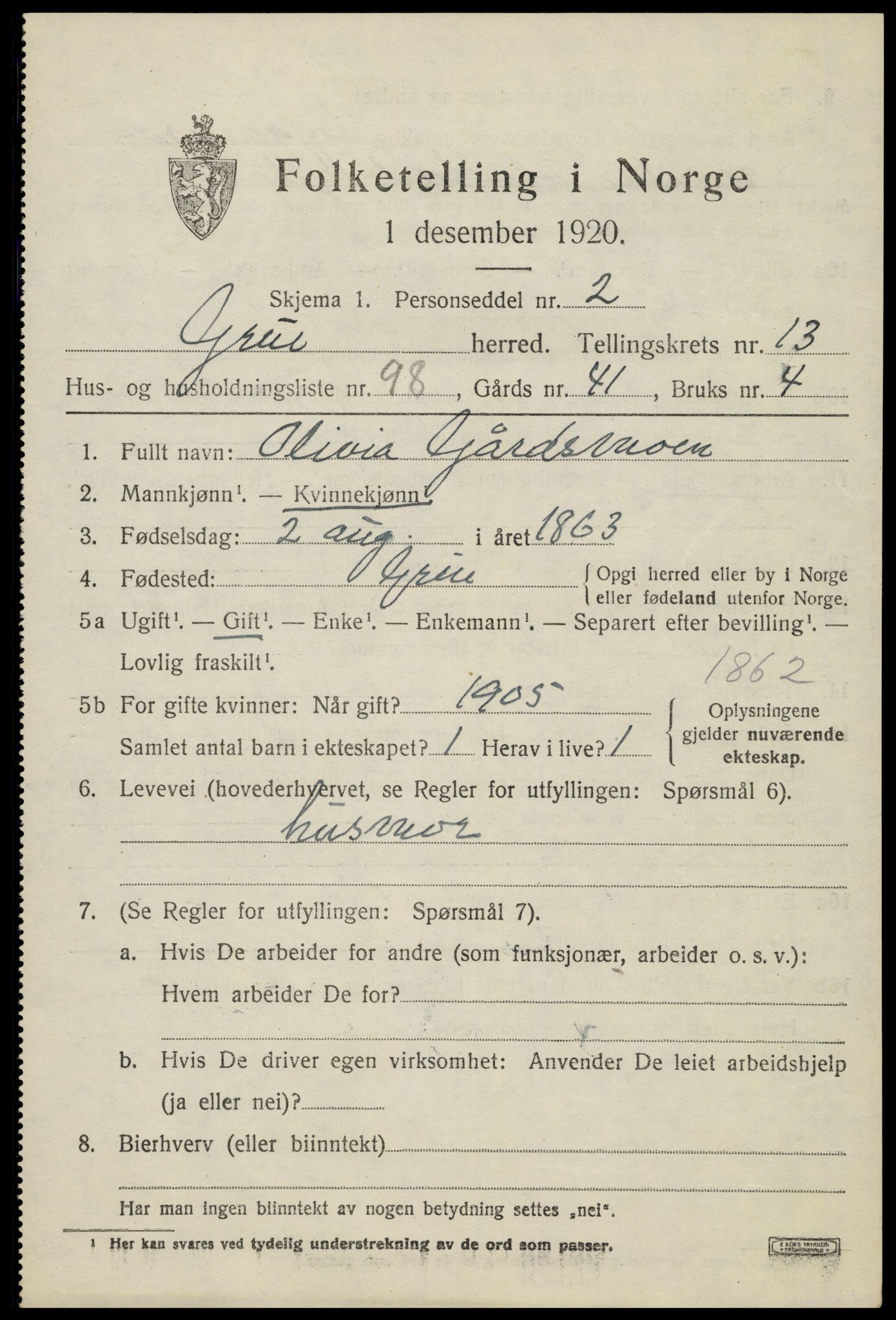 SAH, 1920 census for Grue, 1920, p. 12889