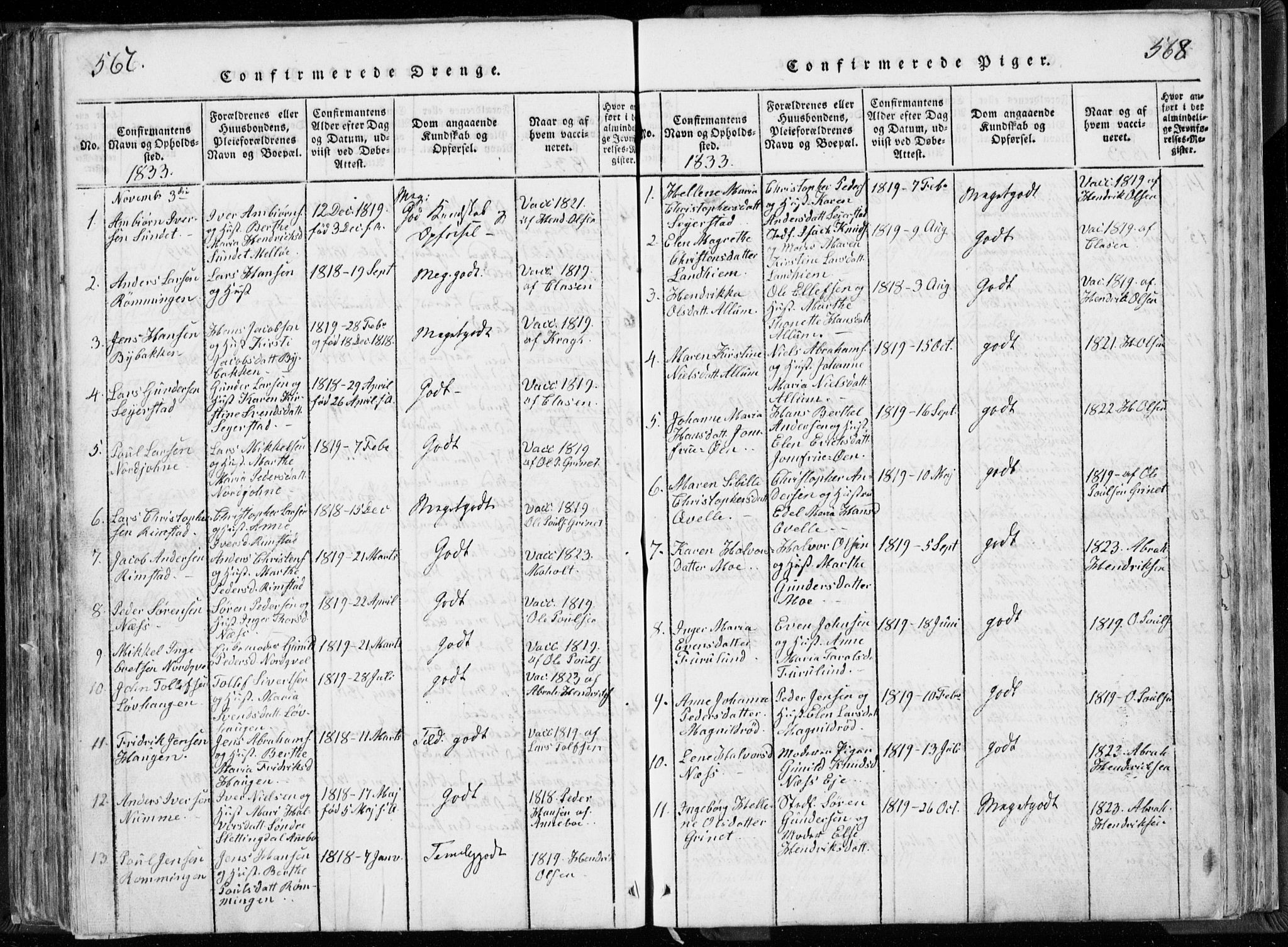 Hedrum kirkebøker, AV/SAKO-A-344/F/Fa/L0004: Parish register (official) no. I 4, 1817-1835, p. 567-568