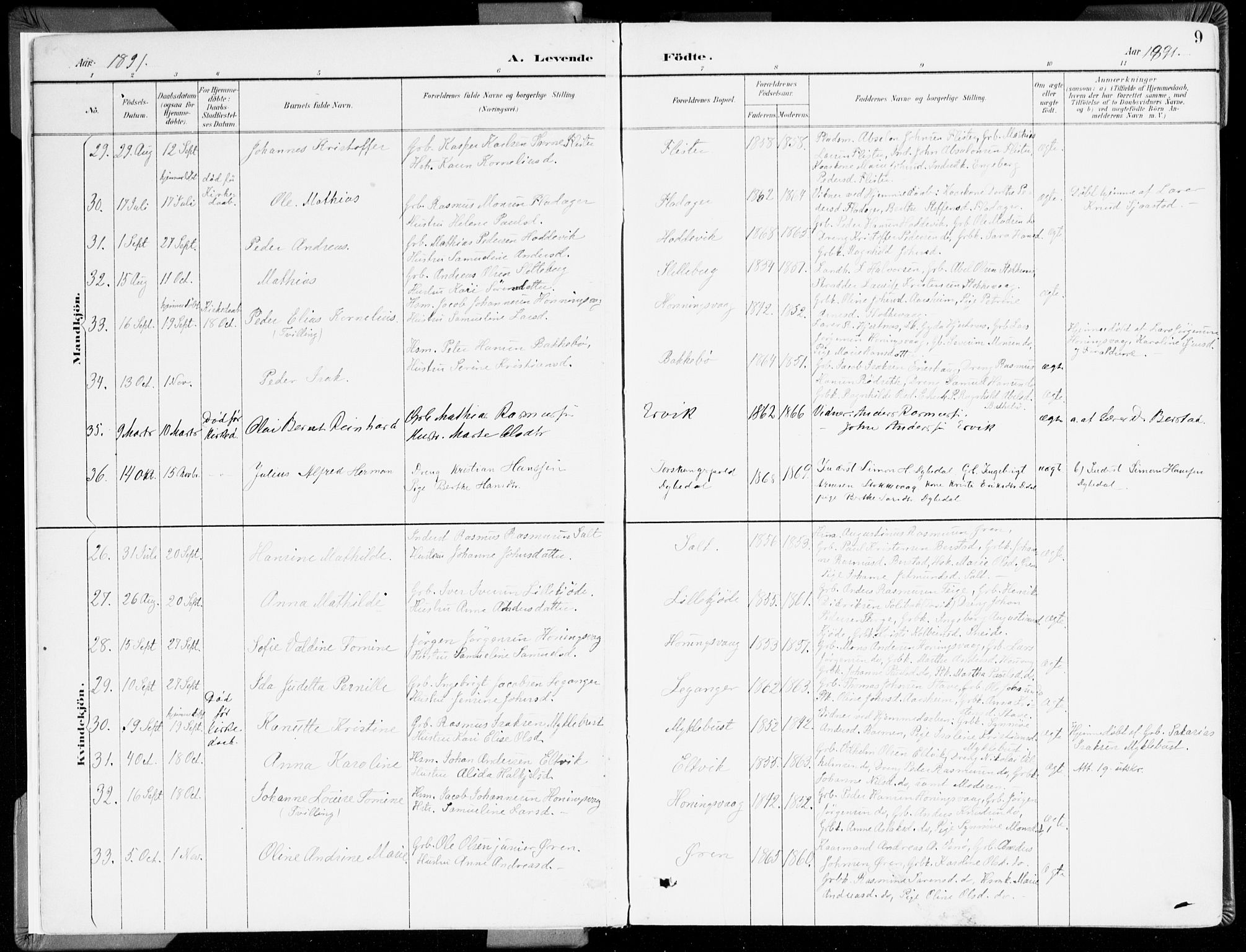 Selje sokneprestembete, SAB/A-99938/H/Ha/Haa/Haab: Parish register (official) no. B 2, 1891-1907, p. 9