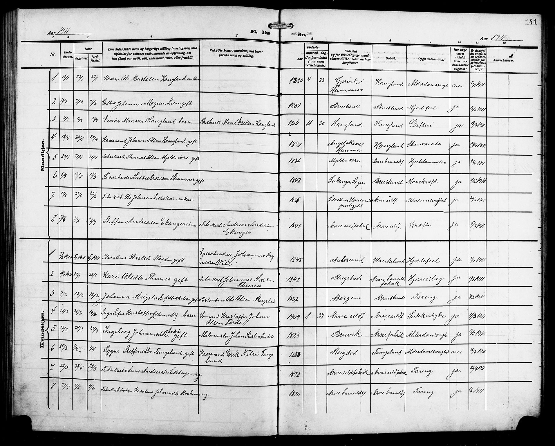 Arna Sokneprestembete, SAB/A-74001/H/Ha/Hab: Parish register (copy) no. A 5, 1911-1921, p. 141